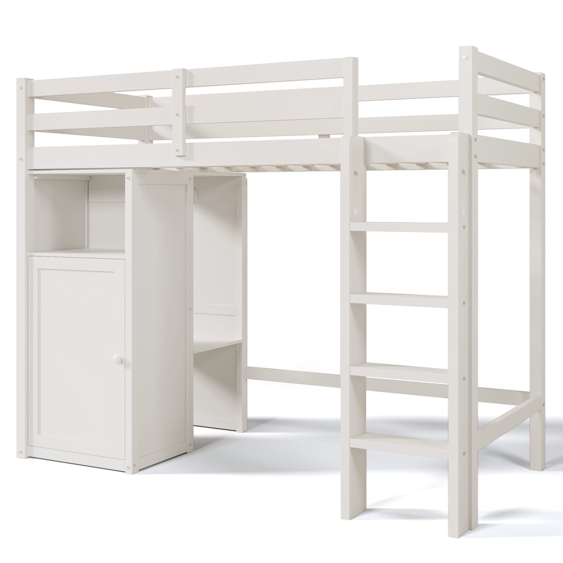 Twin Loft Bed With Wardrobe, Storage Shelves And Ladder, White Twin White Solid Wood Mdf