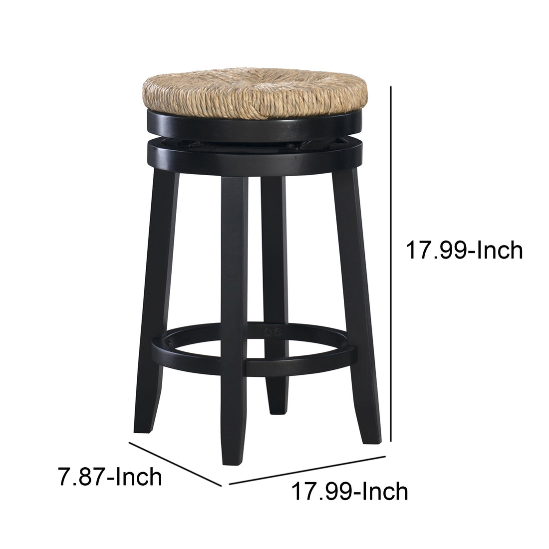 Wooden Counter Stool With Round Rattan Padded Seat, Black And Brown Black White Wood Fabric