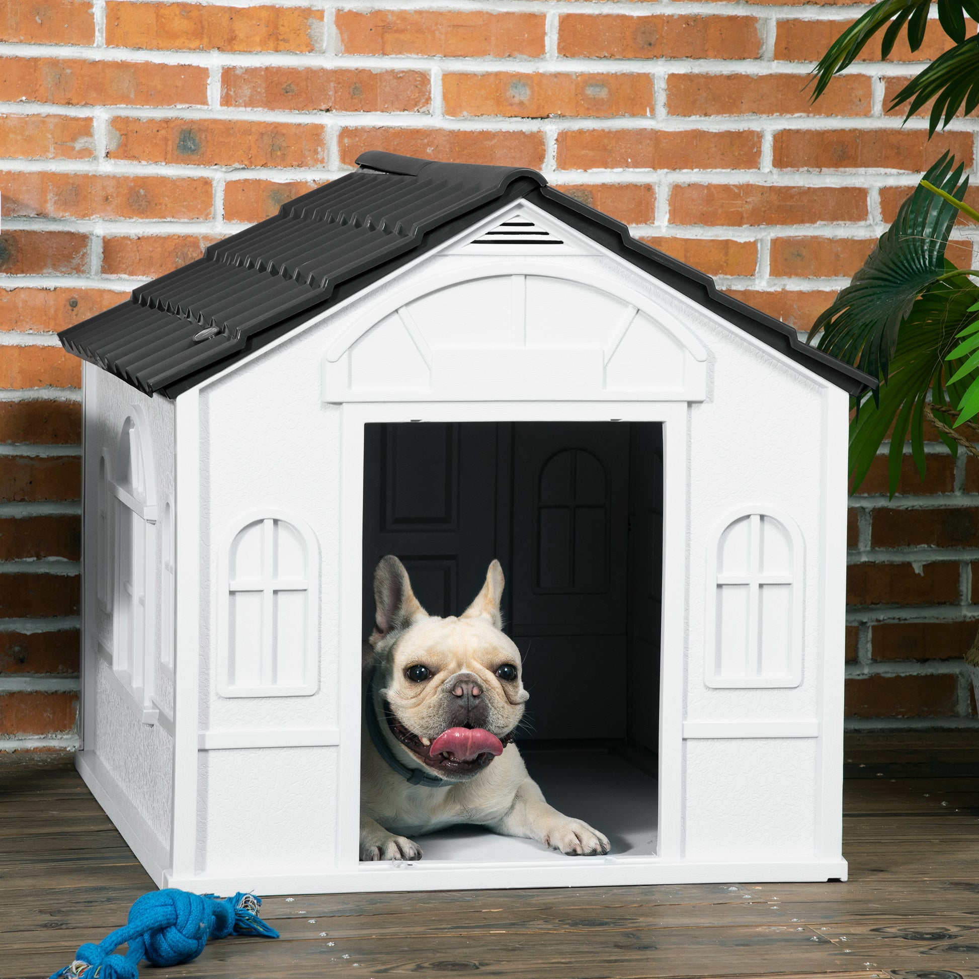 Pawhut Plastic Dog House, Water Resistant Puppy Shelter Indoor Outdoor With Door, Easy To Assemble, For Medium And Small Dogs, Gray Gray Polypropylene