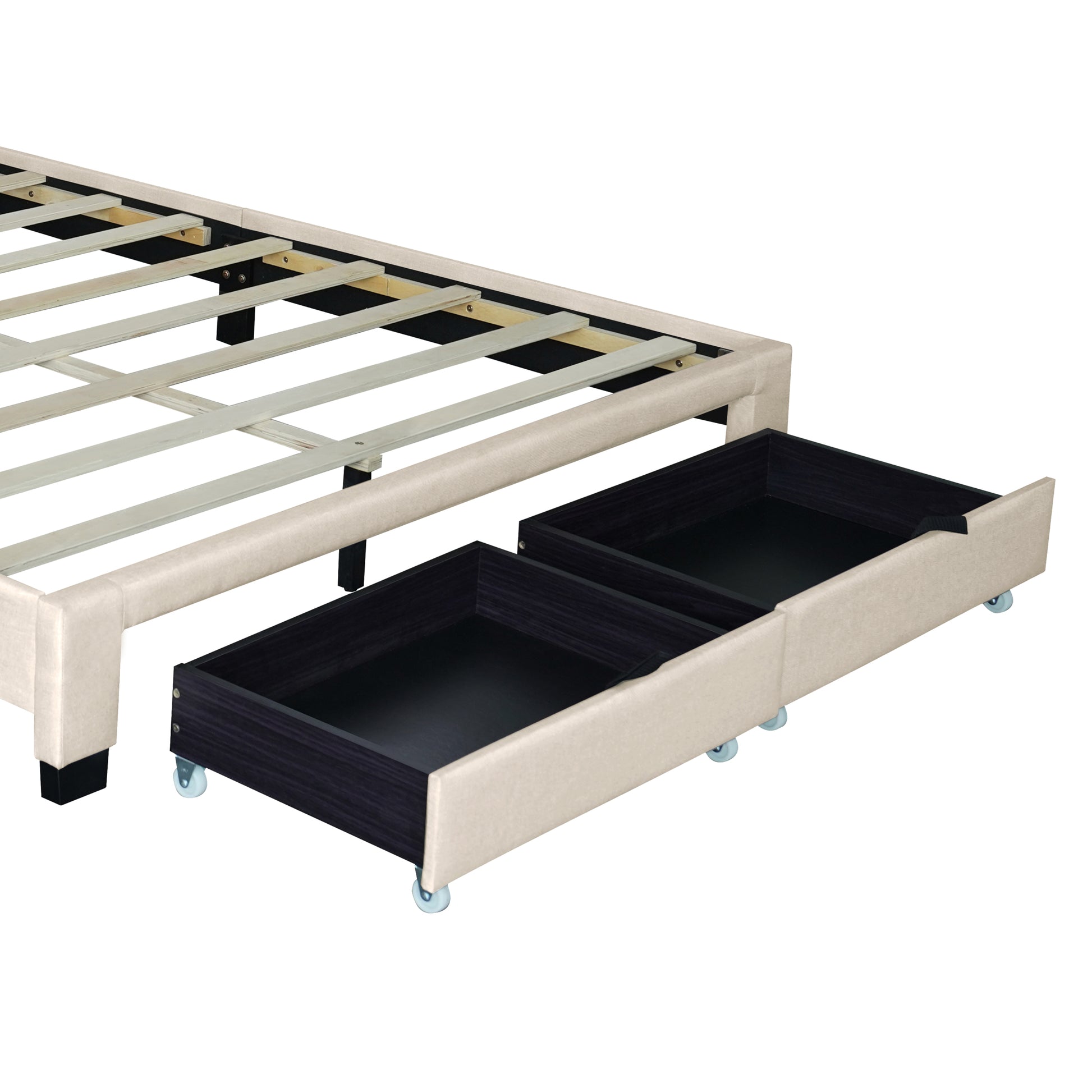 Queen Size Upholstered Bed With Adjustable Height Mattress 10 To 14 Inches Led Design With Footboard Drawers Storage No Box Spring Required Beige Box Spring Not Required Queen Beige Wood Espresso Bedroom American