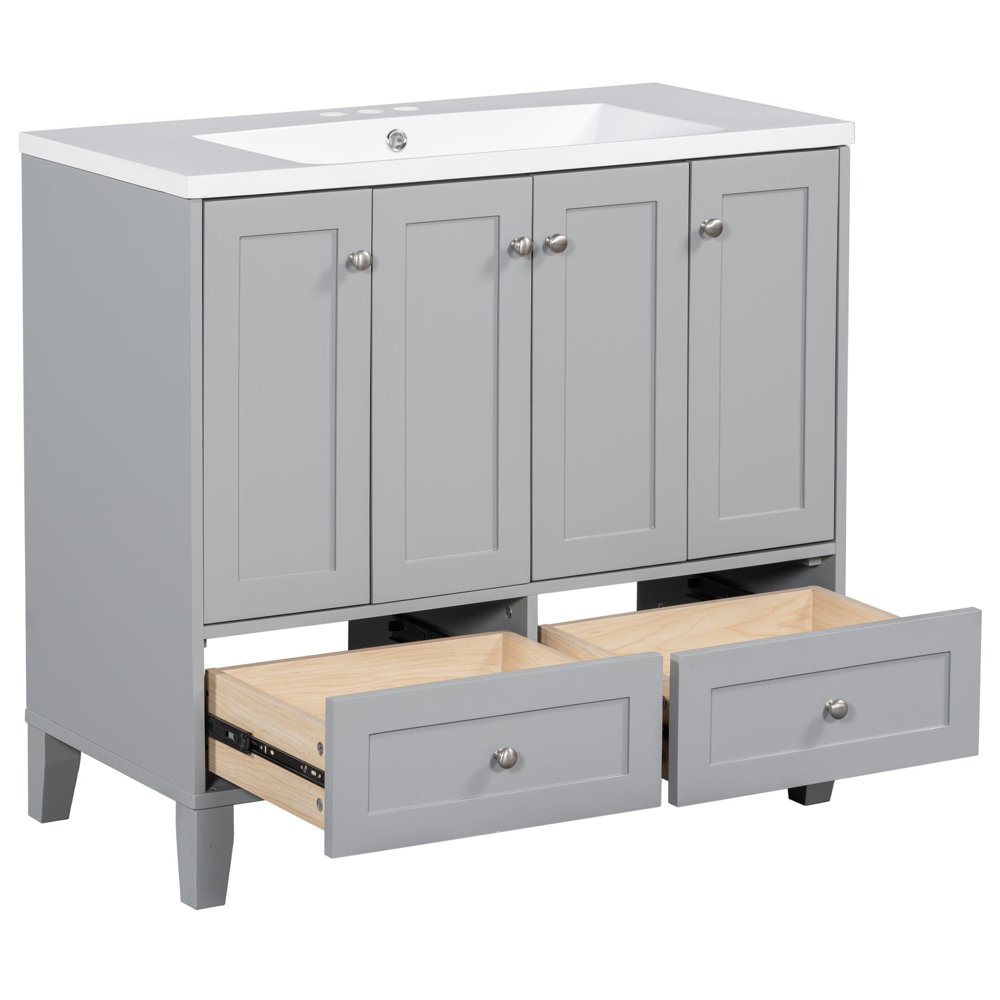 36'' Bathroom Vanity With Resin Sink Combo,Solid Wood Frame Bathroom Storage Cabinet, Freestanding Vanity Set With 4 Soft Closing Doors& 2 Drawers Same As Sw000124Aae Grey Bathroom Modern Solid Wood
