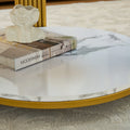 28.35 Inches Round Coffee Table, Small Coffee Table With Storage, Faux Marbling Top & Sturdy Metal Legs, Modern Sofa Table For Living Room, Small Spaces, Home Furniture With Storage Open Shelf. Gold Gold Mdf Metal