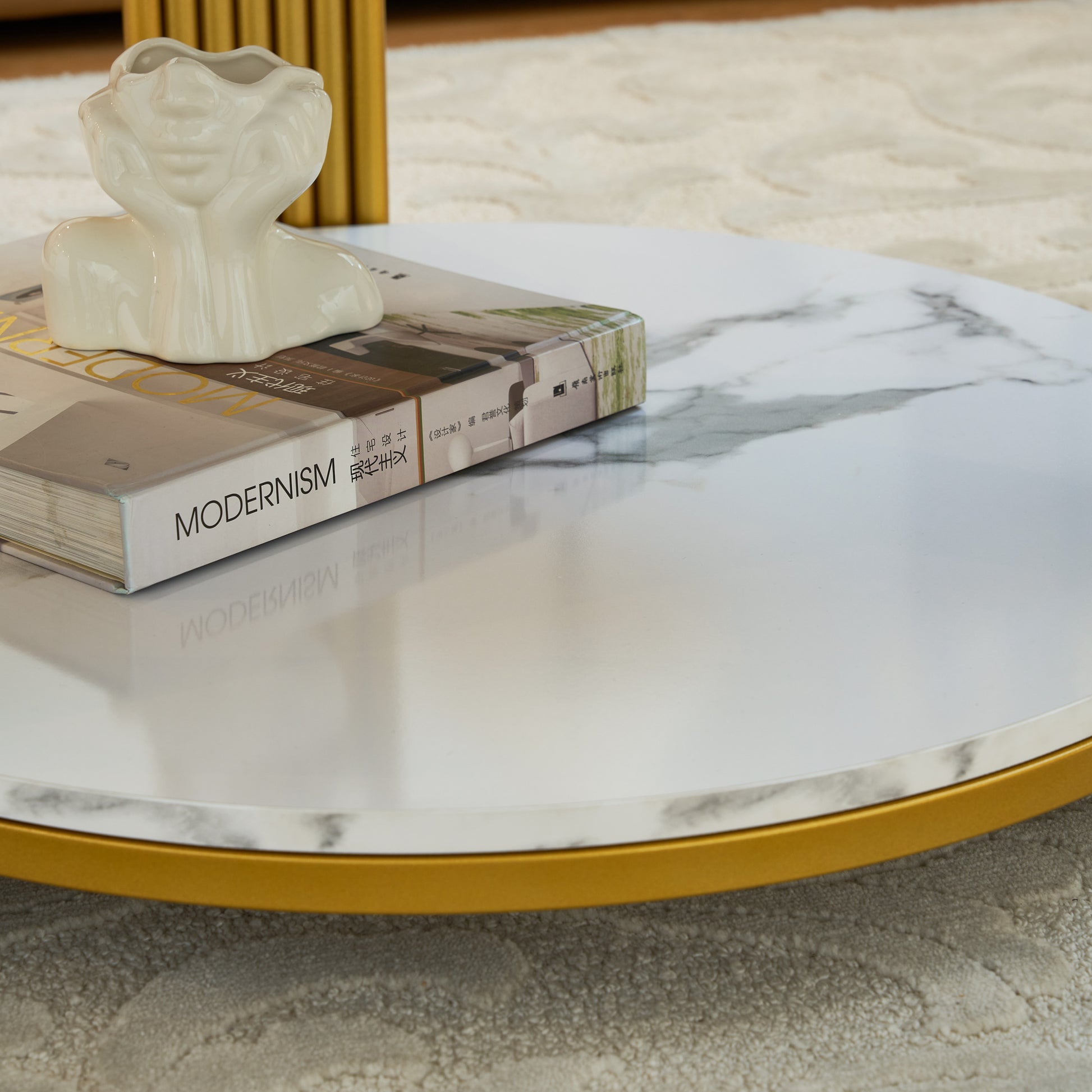 28.35 Inches Round Coffee Table, Small Coffee Table With Storage, Faux Marbling Top & Sturdy Metal Legs, Modern Sofa Table For Living Room, Small Spaces, Home Furniture With Storage Open Shelf. Gold Gold Mdf Metal