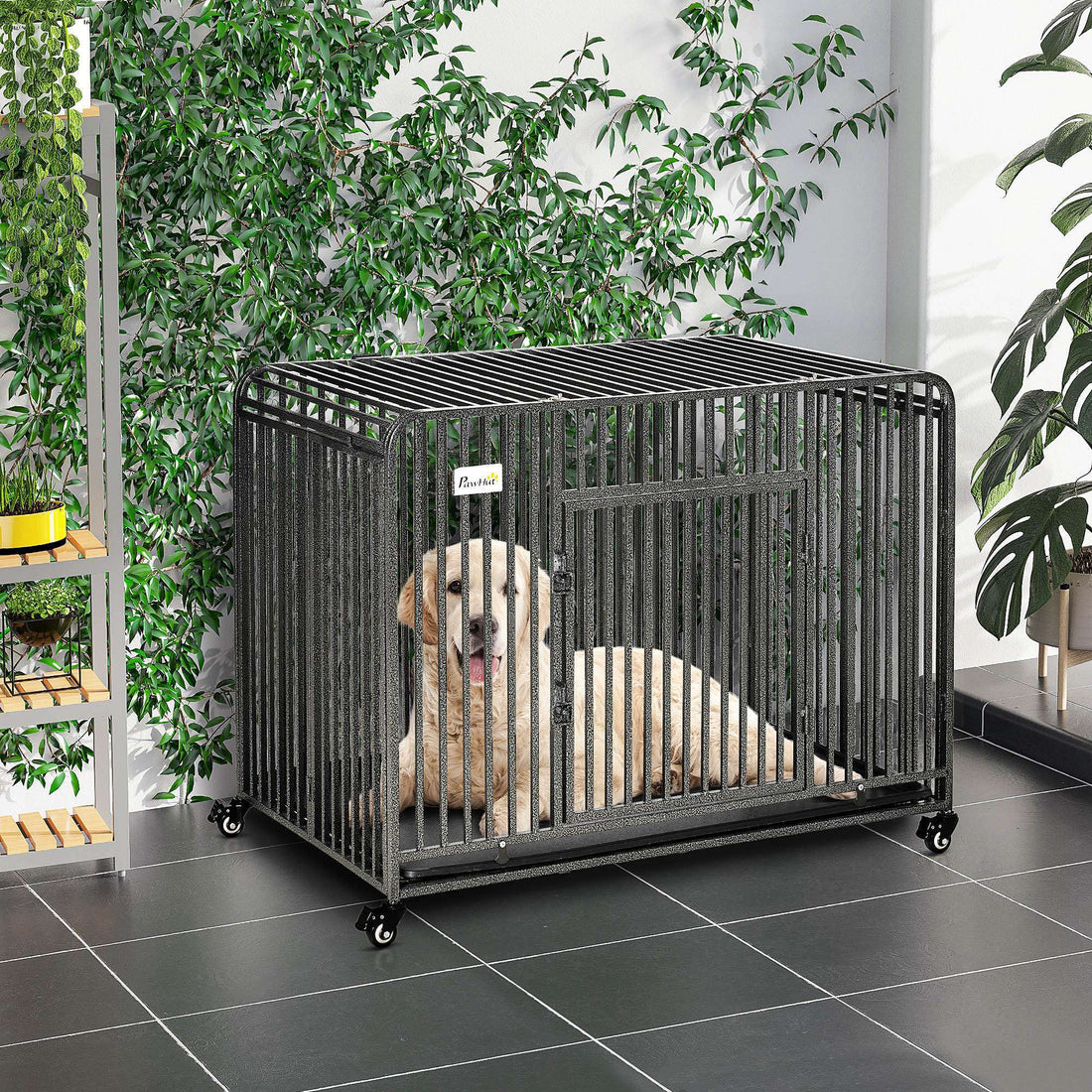 Pawhut Foldable Heavy Duty Dog Cage, Chew Proof Dog Crate On Wheels, Portable Dog Crate Kennel With Removable Tray, Large And Medium Pups, 43" Silver Steel