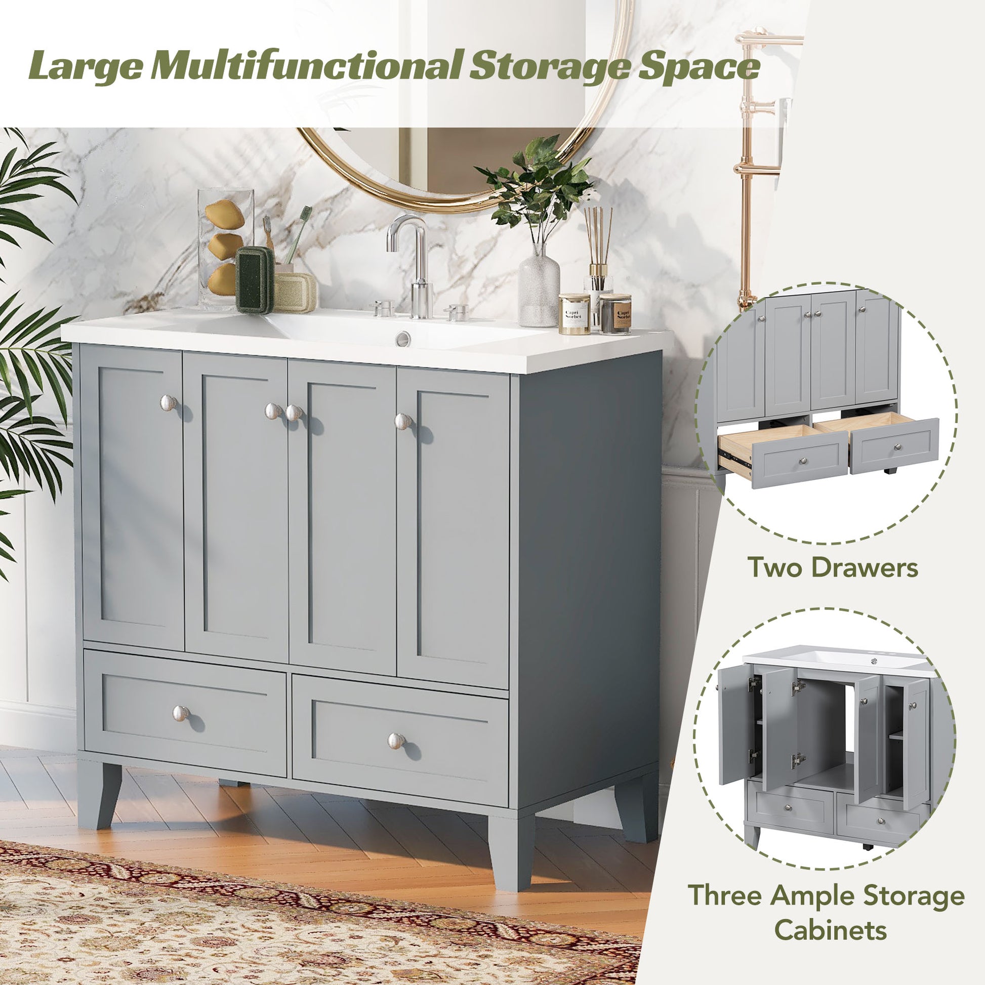 36'' Bathroom Vanity With Resin Sink Combo,Solid Wood Frame Bathroom Storage Cabinet, Freestanding Vanity Set With 4 Soft Closing Doors& 2 Drawers Same As Sw000124Aae Grey Bathroom Modern Solid Wood