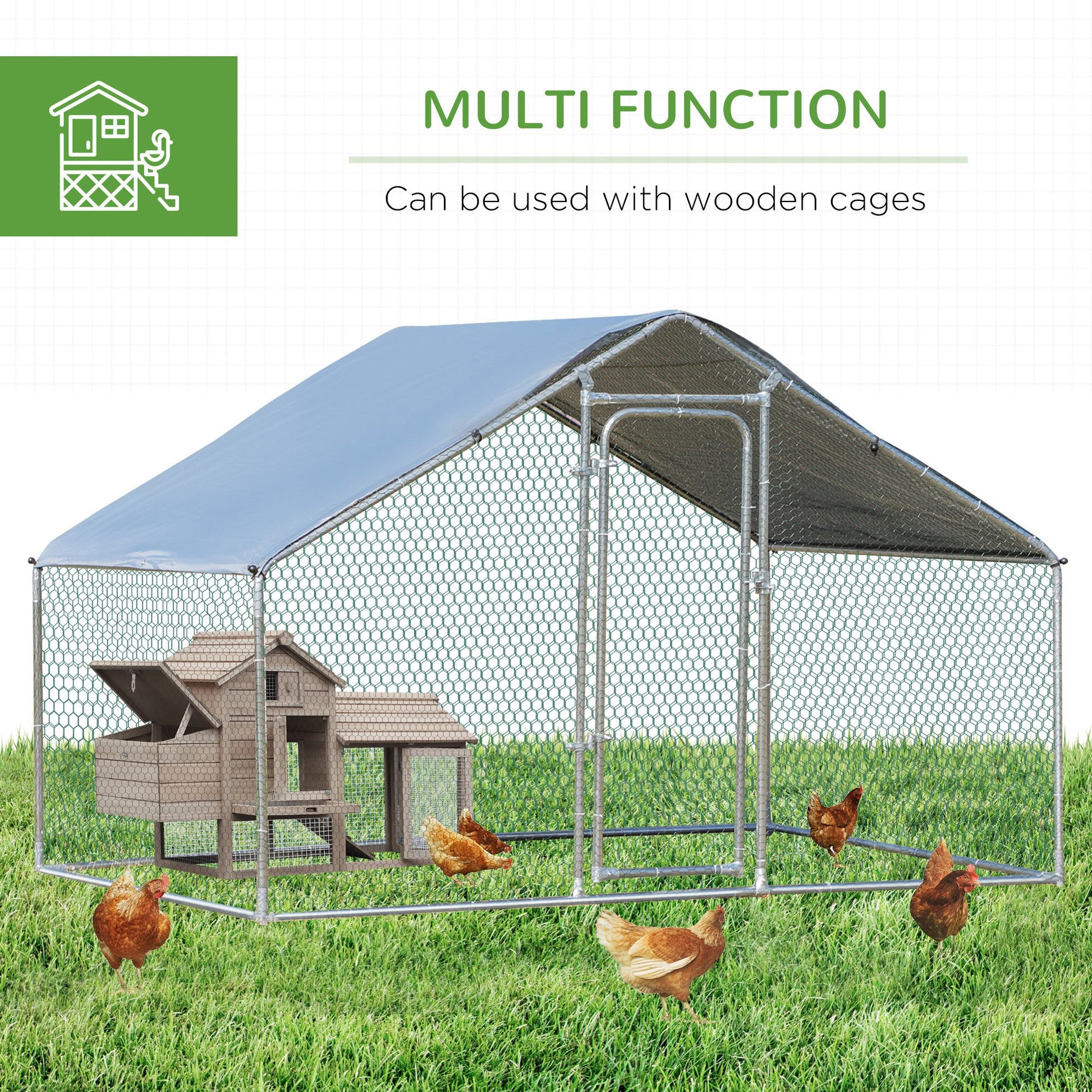 Pawhut Large Chicken Coop Metal Chicken Run With Waterproof And Anti Uv Cover, Spire Shaped Walk In Fence Cage Hen House For Outdoor And Yard Farm Use, 1.26" Tube Diameter, 9.8' X 6.6' X 6.4' Silver Steel