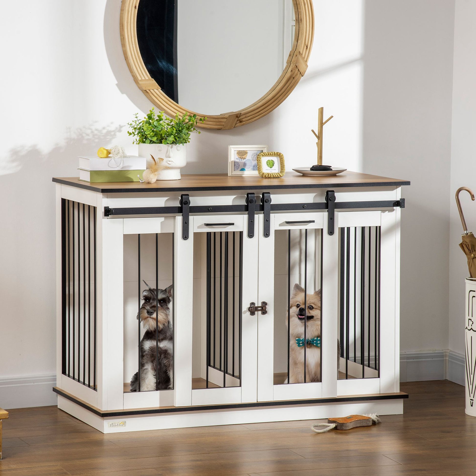 Pawhut Dog Crate Furniture With Divider, Dog Crate End Table For Small To Large Dogs, Large Indoor Dog Kennel With Double Doors, 47"W X 23.5"D X 35"H, White White Steel