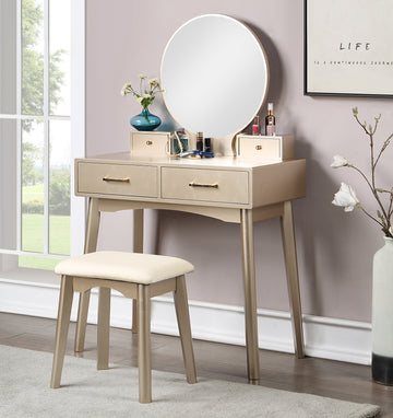 Liannon Contemporary Wood Vanity And Stool Set, Gold Gold Wood