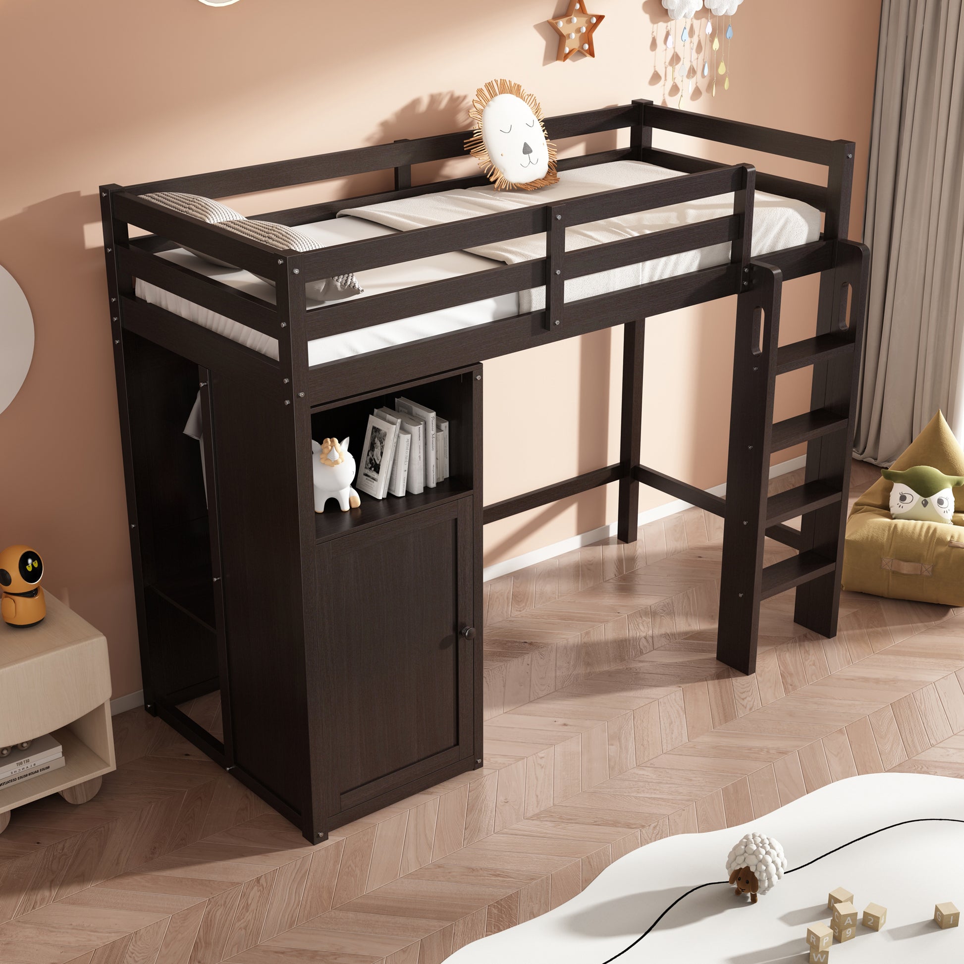 Twin Loft Bed With Wardrobe, Storage Shelves And Ladder, Espresso Twin Espresso Solid Wood Mdf