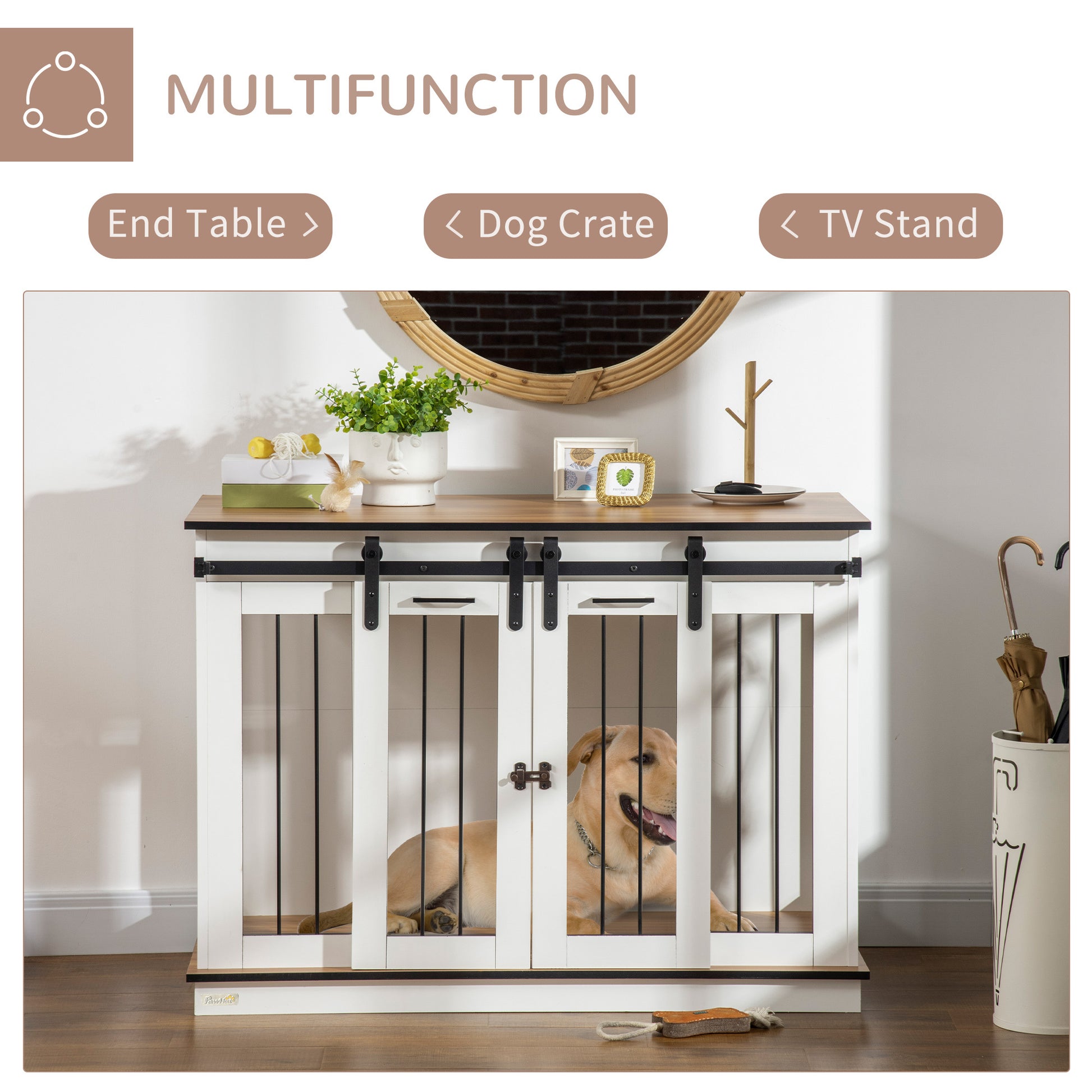 Pawhut Dog Crate Furniture With Divider, Dog Crate End Table For Small To Large Dogs, Large Indoor Dog Kennel With Double Doors, 47"W X 23.5"D X 35"H, White White Steel