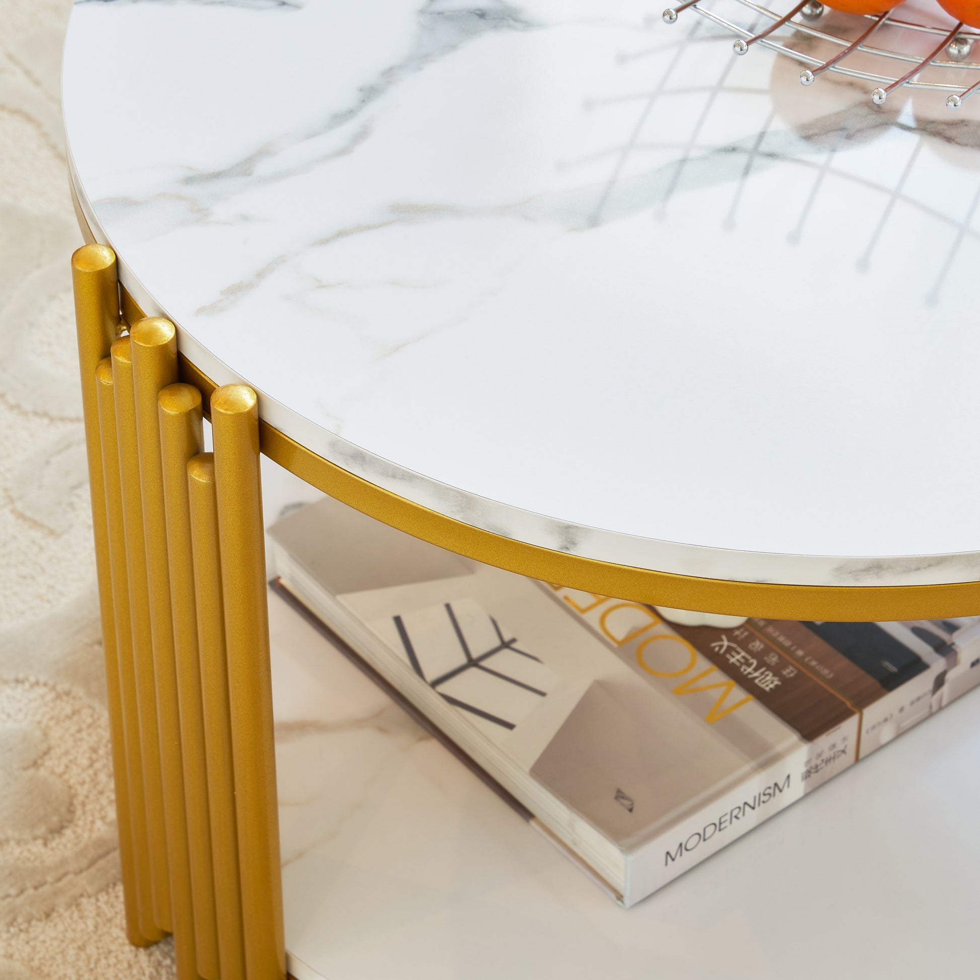 28.35 Inches Round Coffee Table, Small Coffee Table With Storage, Faux Marbling Top & Sturdy Metal Legs, Modern Sofa Table For Living Room, Small Spaces, Home Furniture With Storage Open Shelf. Gold Gold Mdf Metal