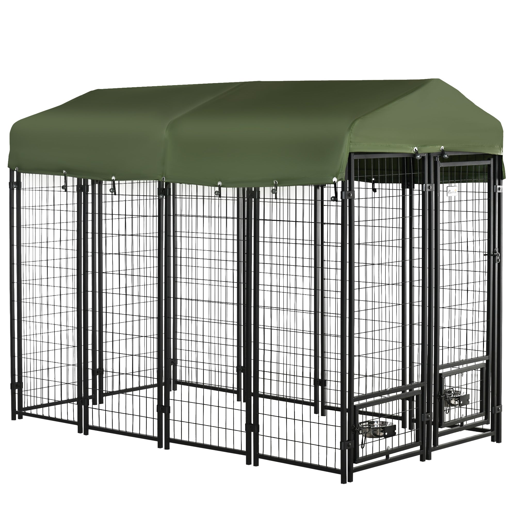 Pawhut 8' X 4' X 6' Dog Kennel Outdoor With Rotating Bowl Holders, Walk In Pet Playpen, Welded Wire Steel Dog Fence With Water And Uv Resistant Canopy, Green Green Steel