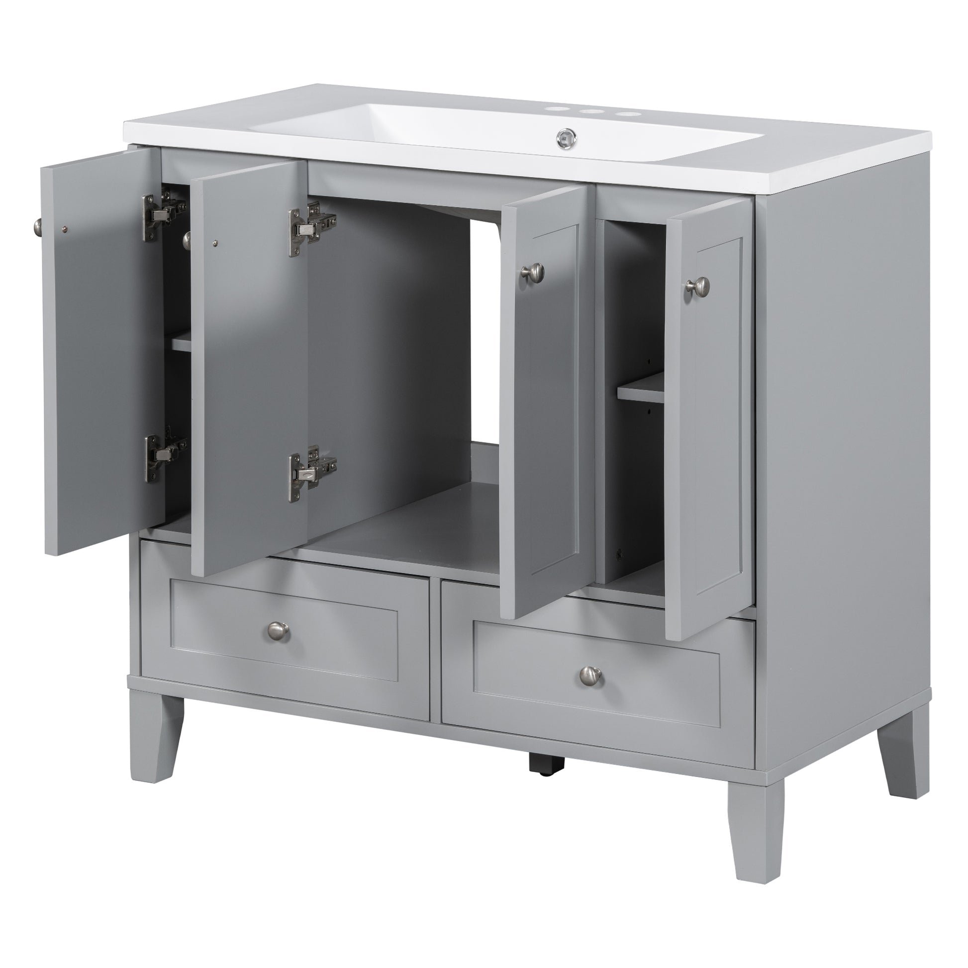 36'' Bathroom Vanity With Resin Sink Combo,Solid Wood Frame Bathroom Storage Cabinet, Freestanding Vanity Set With 4 Soft Closing Doors& 2 Drawers Same As Sw000124Aae Grey Bathroom Modern Solid Wood