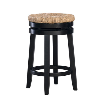 Wooden Counter Stool With Round Rattan Padded Seat, Black And Brown Black White Wood Fabric