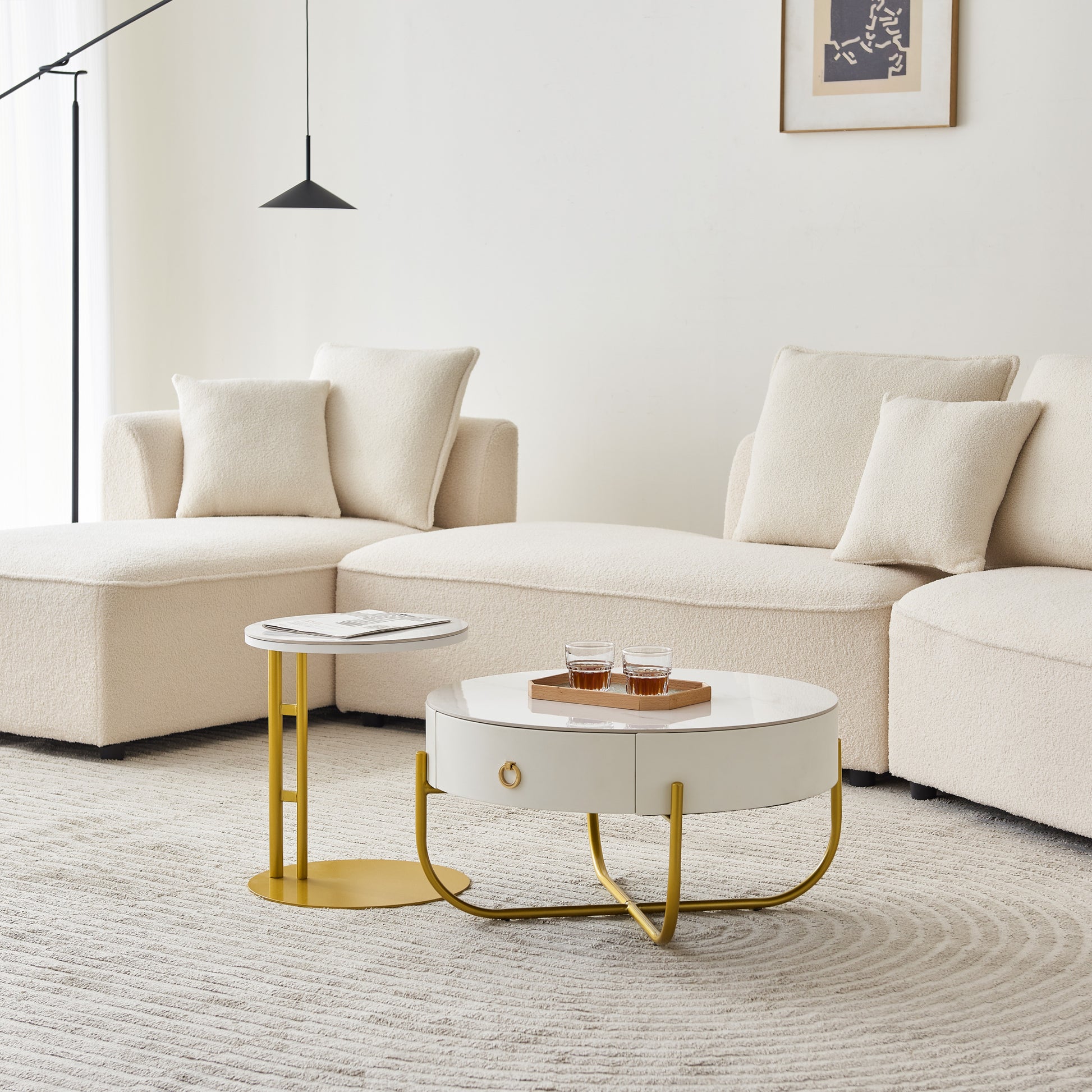 Morden Marble Nesting Table, Round Coffee Table Set Of 2 End Table For Living Room,Stacking Side Tables, For Living Room Bedroom, Accent Tea Table With Metal Frame, Sturdy And Easy Assembly Gold Gold Metal Stone