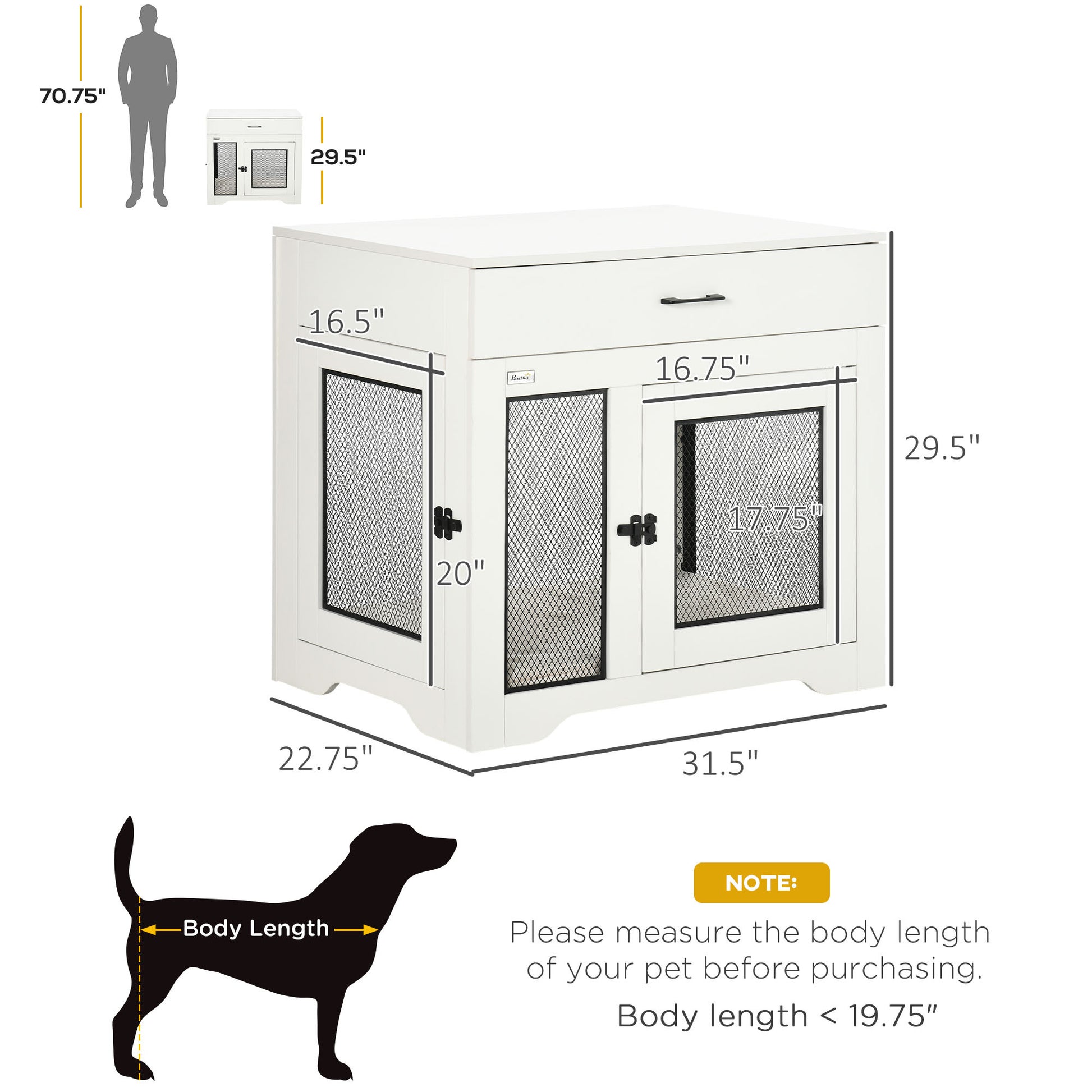 Pawhut Dog Crate Furniture With Soft Water Resistant Cushion, Dog Crate End Table With Drawer, Puppy Crate For Small Dogs Indoor With 2 Doors, White White Steel