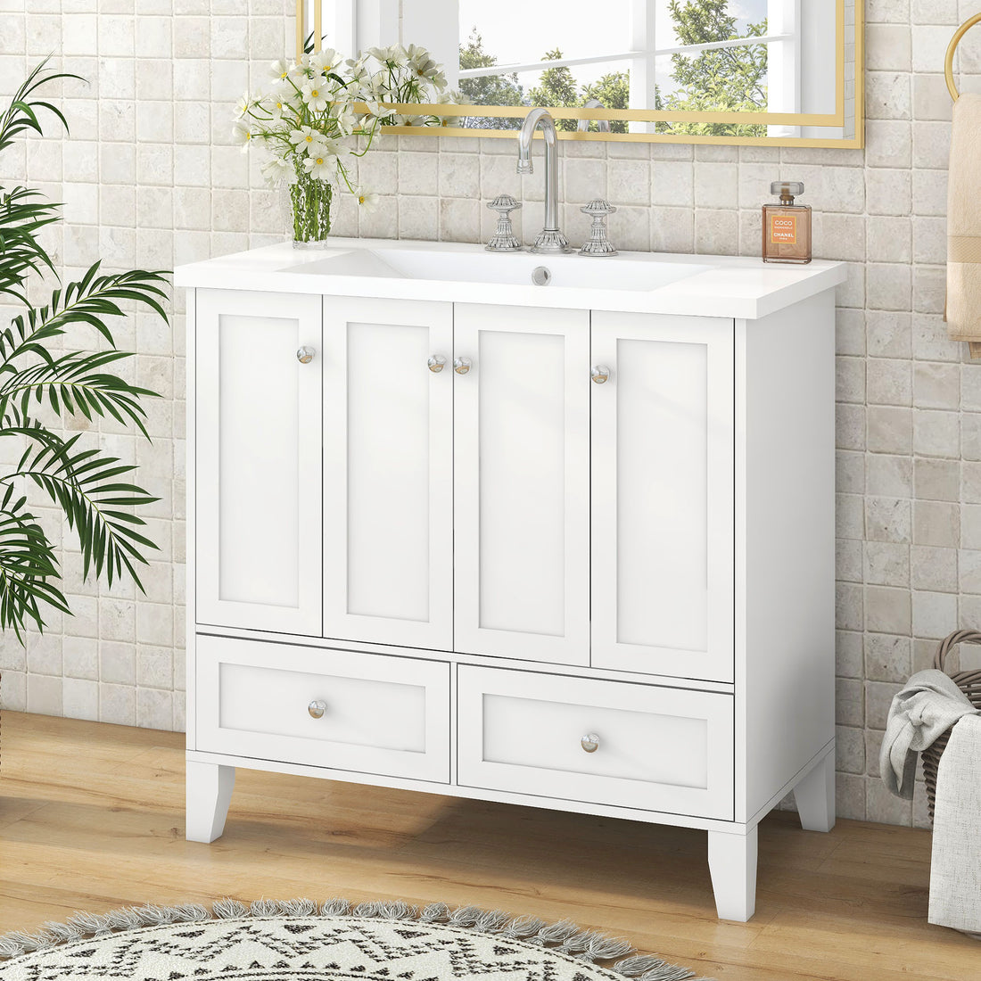 36'' Bathroom Vanity With Resin Sink Combo,Solid Wood Frame Bathroom Storage Cabinet, Freestanding Vanity Set With 4 Soft Closing Doors& 2 Drawers 2 White 4 5 Adjustable Shelves Bathroom Freestanding Solid Wood Mdf Resin Painted