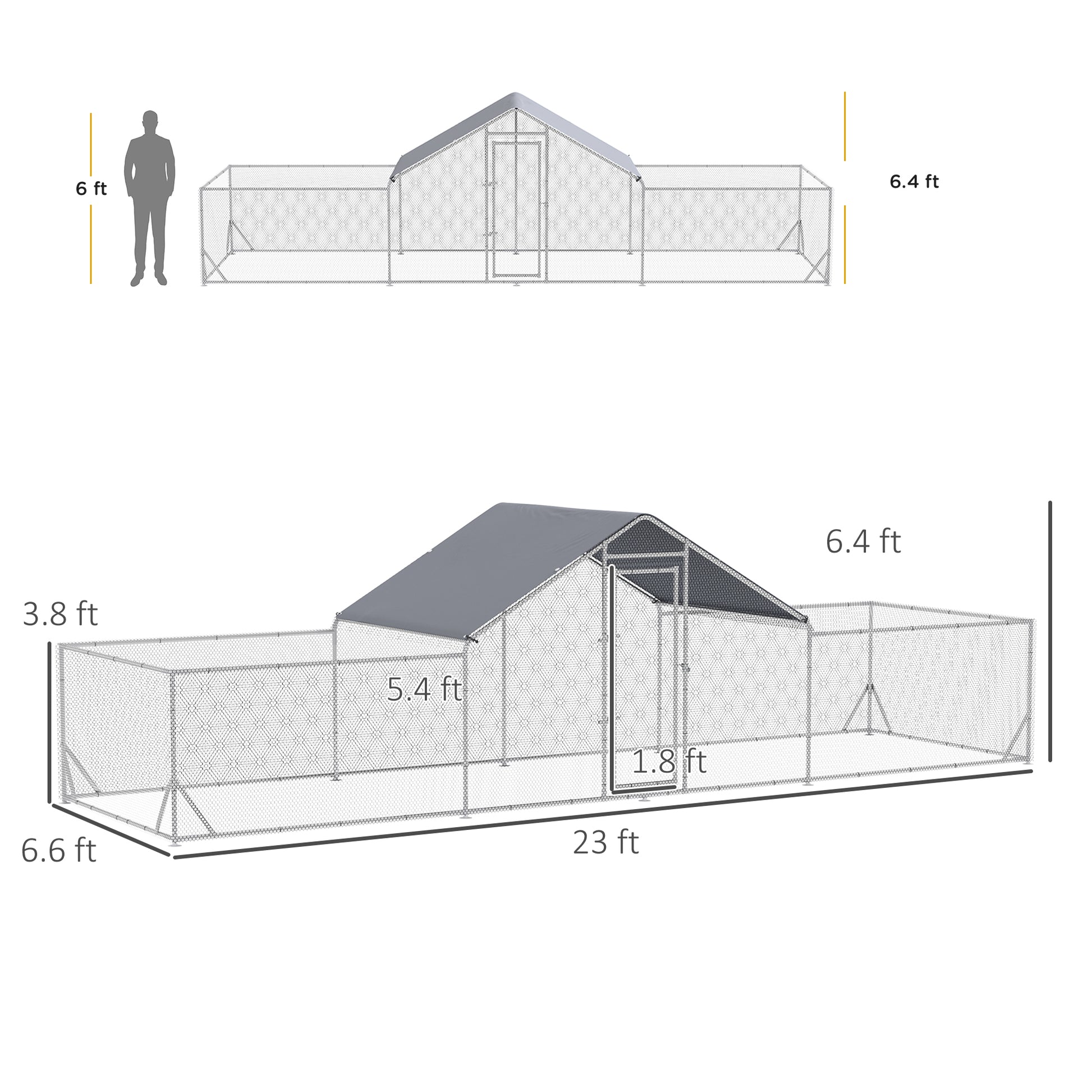 Pawhut Large Metal Chicken Coop Chicken Run For Chicken, Ducks And Rabbits With Waterproof And Anti Uv Cover, Walk In Poultry Cage Hen House For Outdoor And Yard Farm Use, 23' X 6.6' X 6.4' Silver