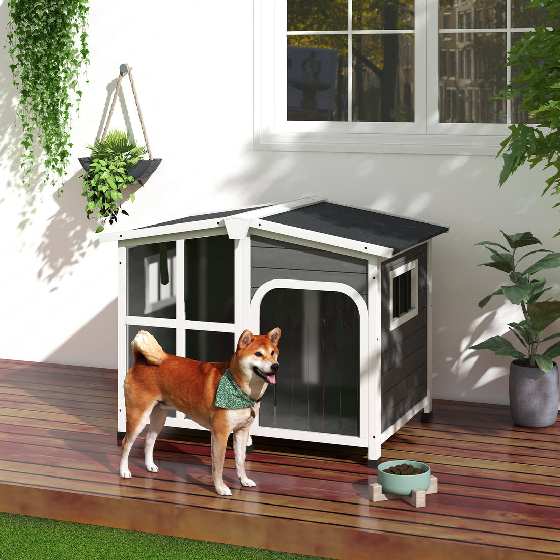 Pawhut Cabin Style Wooden Dog House For Large Dogs Outside With Openable Roof & Giant Window, Big Dog House Outdoor & Indoor, Asphalt Roof, Gray Gray Wood