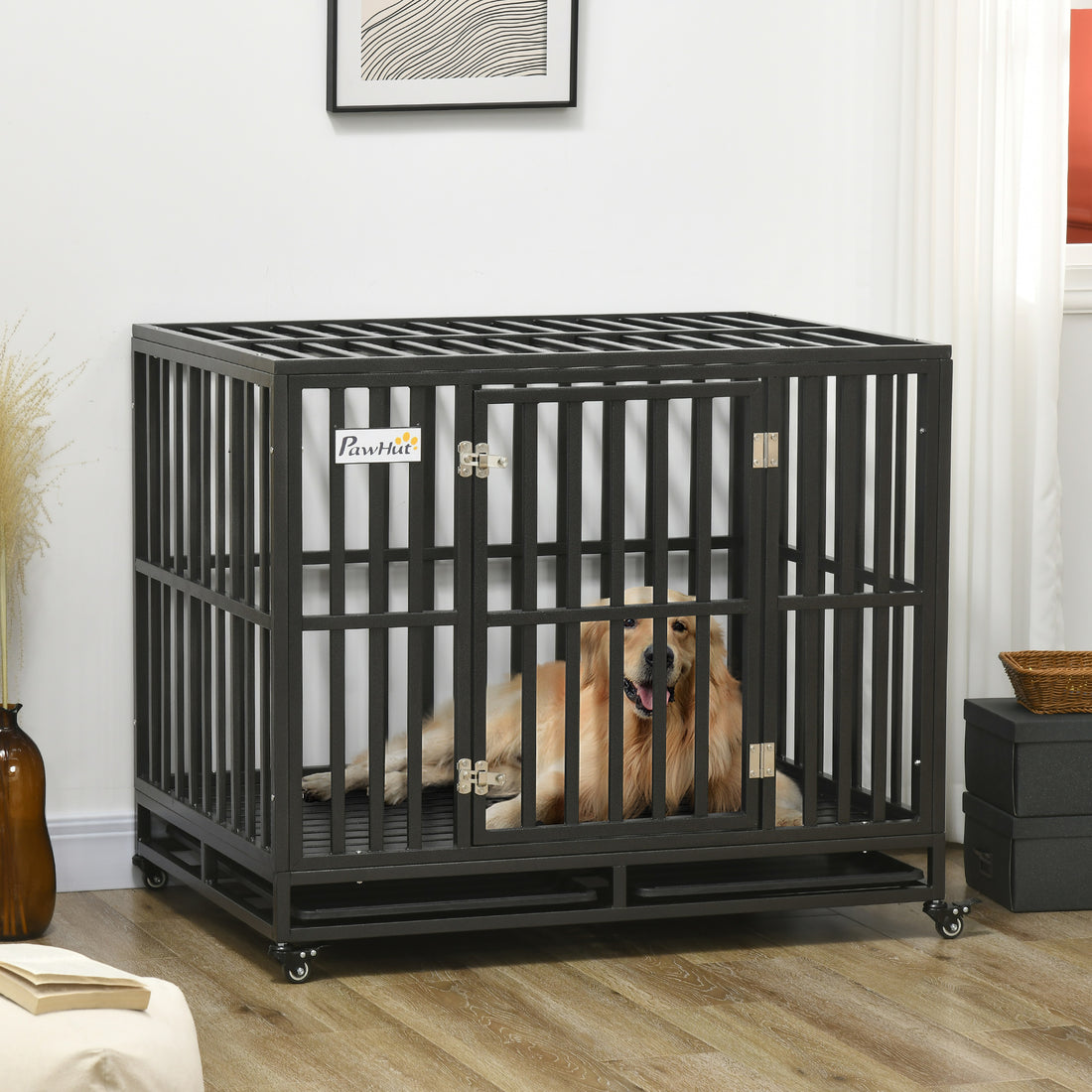 Pawhut Heavy Duty Dog Crate Metal Kennel And Cage Dog Playpen With Lockable Wheels, Slide Out Tray And Anti Pinching Floor Black Steel