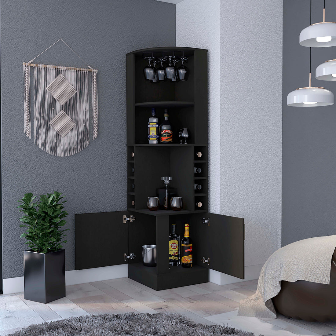 Wenzel 8 Bottle 2 Shelf Bar Cabinet Black Wengue 5 Or More Shelves Black Primary Living Space Open Storage Space Contemporary,Modern Particle Board