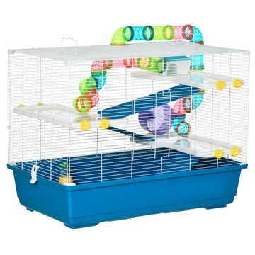 Pawhut 31" Extra Large Hamster Cage With Tubes And Tunnels, 4 Tier Small Animal Cage With Portable Carry Handles, Rat Gerbil Cage With Water Bottle, Food Dish, Exercise Wheel Blue Metal