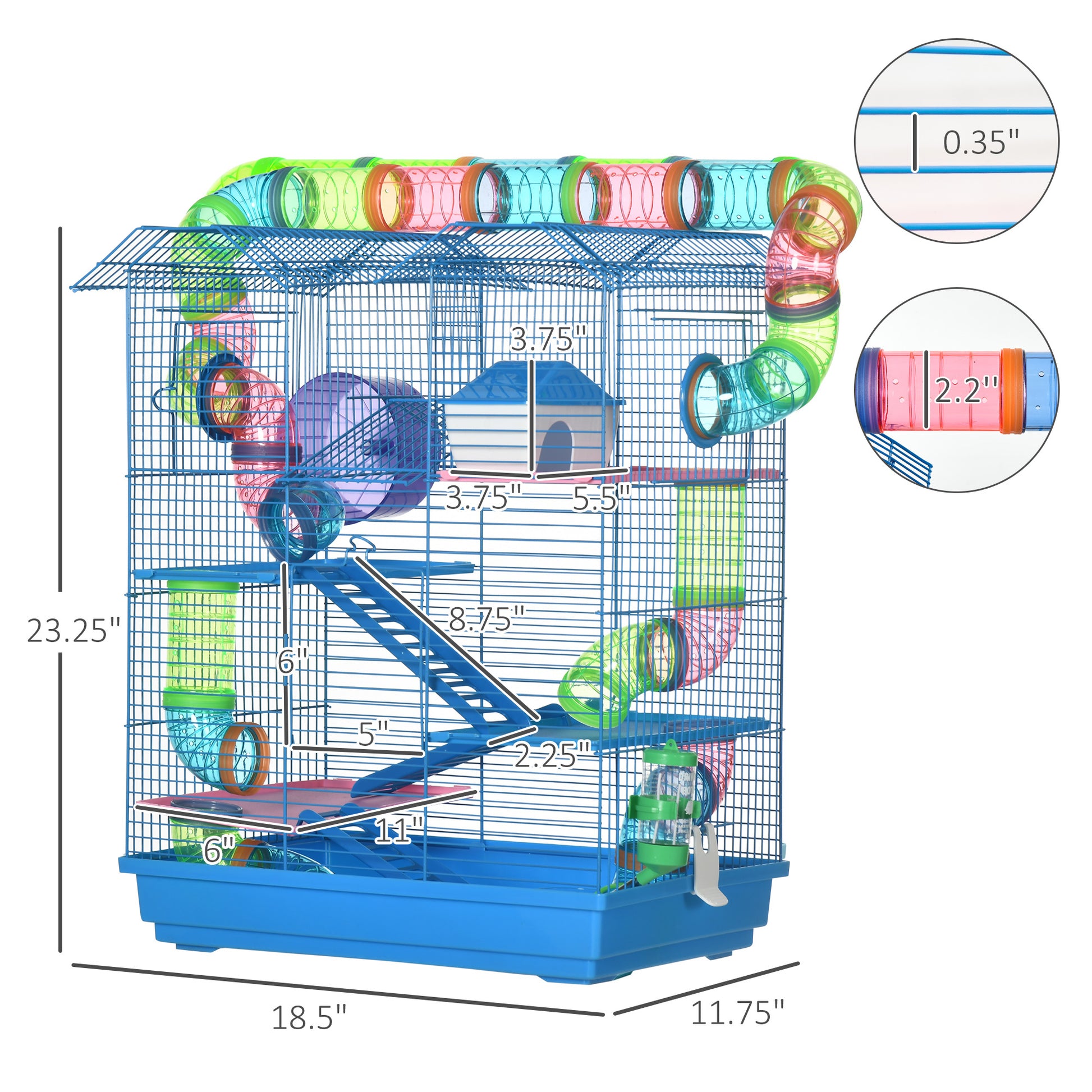 Pawhut 18.5" 5 Tier Hamster Cage With Tubes And Tunnels, Small Animal Cage, Rat Gerbil Cage With Water Bottle, Food Dish, Exercise Wheel, Blue Blue Metal