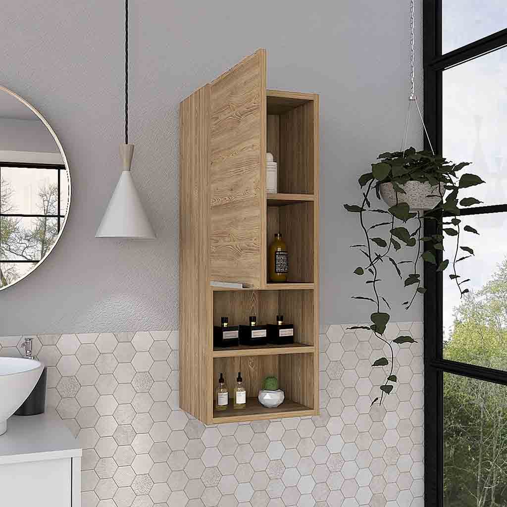 Medicine 32H" Single Door Cabinet, Two Interior Shelves, Two External Shelves, Light Oak Beige Particle Board Particle Board