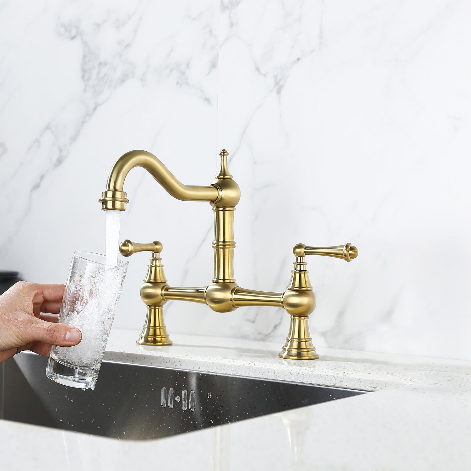 Double Handle Widespread Kitchen Faucet With Traditional Handles Brushed Gold Brass