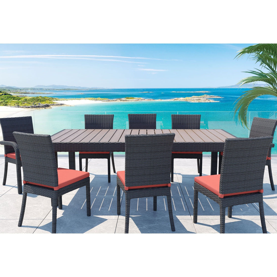 Balcones 9 Piece Outdoor Dining Table Set With 8 Dining Chairs, Brown Terracotta Brown Aluminium Wicker