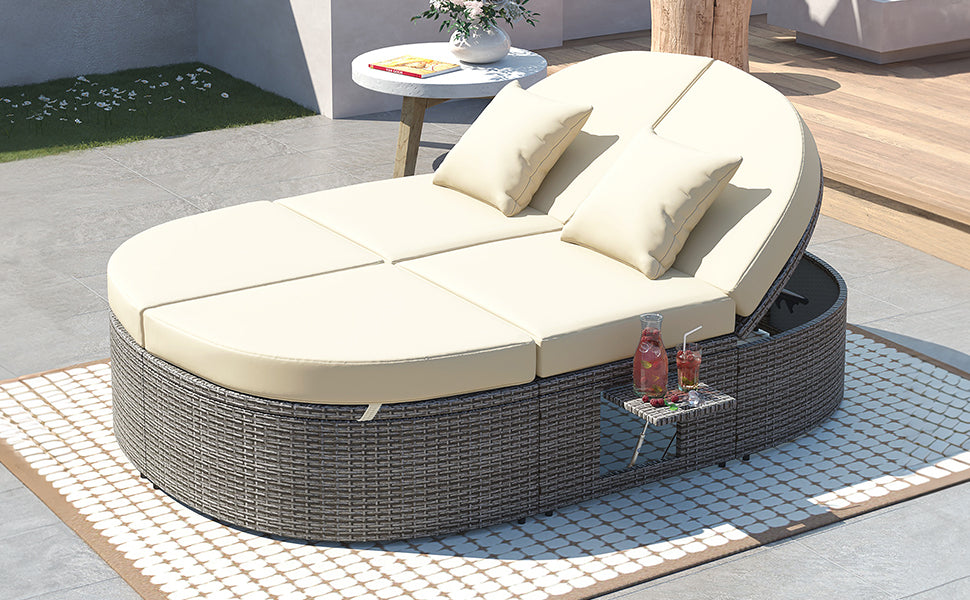 Outdoor Sun Bed Patio 2 Person Daybed With Cushions And Pillows, Rattan Garden Reclining Chaise Lounge With Adjustable Backrests And Foldable Cup Trays For Lawn, Poolside, Beige Yes Complete Patio Set Beige Weather Resistant Frame Water Resistant Cushion