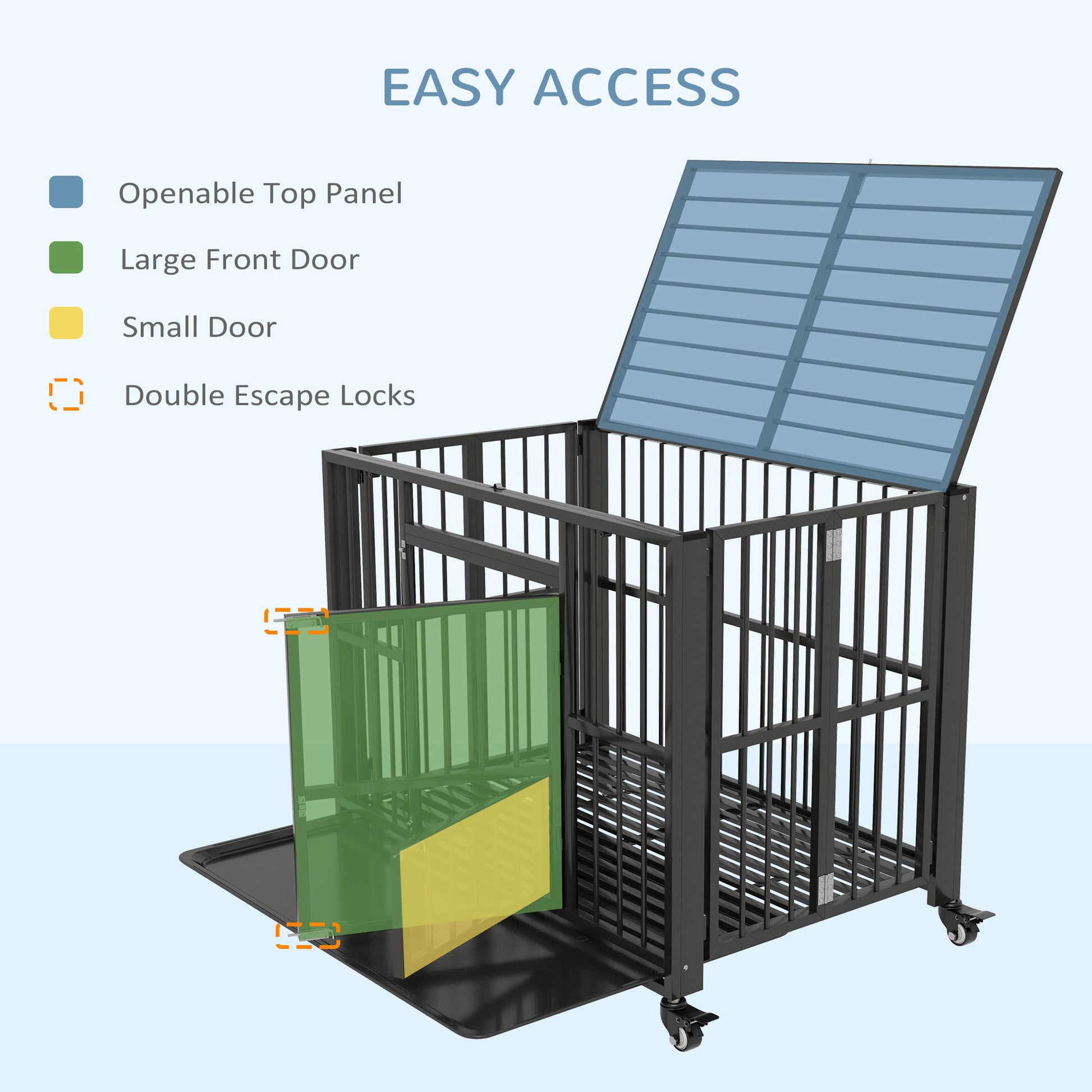 Pawhut 43" Heavy Duty Dog Crate, Strong Steel Foldable Large Dog Crate With 4 Lockable Wheels, Double Doors, Openable Top And Removable Trays For Medium And Large Dogs, Black Black Steel