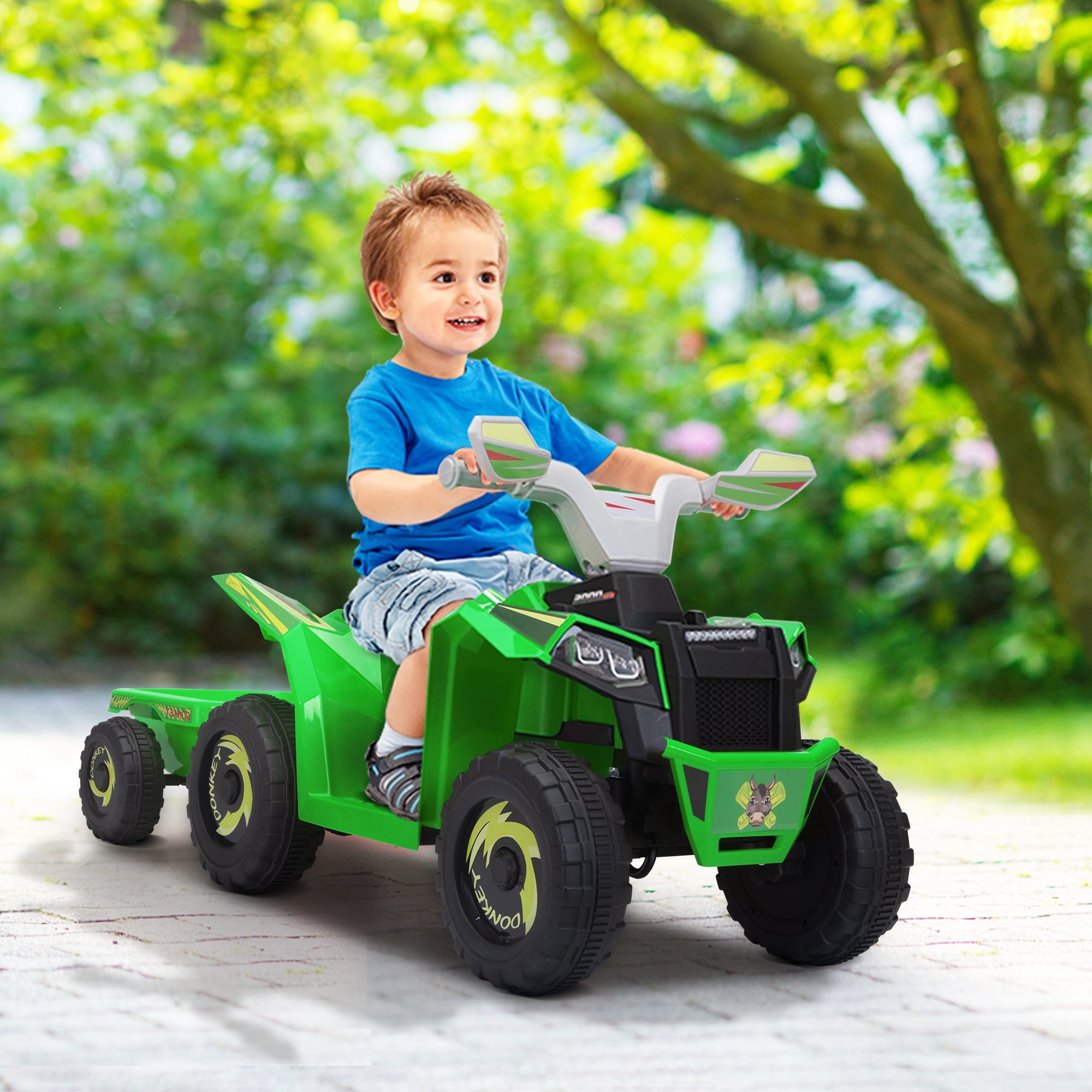 6V Kids Electric Atv, Toddler Ride On Car With Trailer, Music, Bluetooth And Power Display For Boys And Girls, Green Green Polypropylene