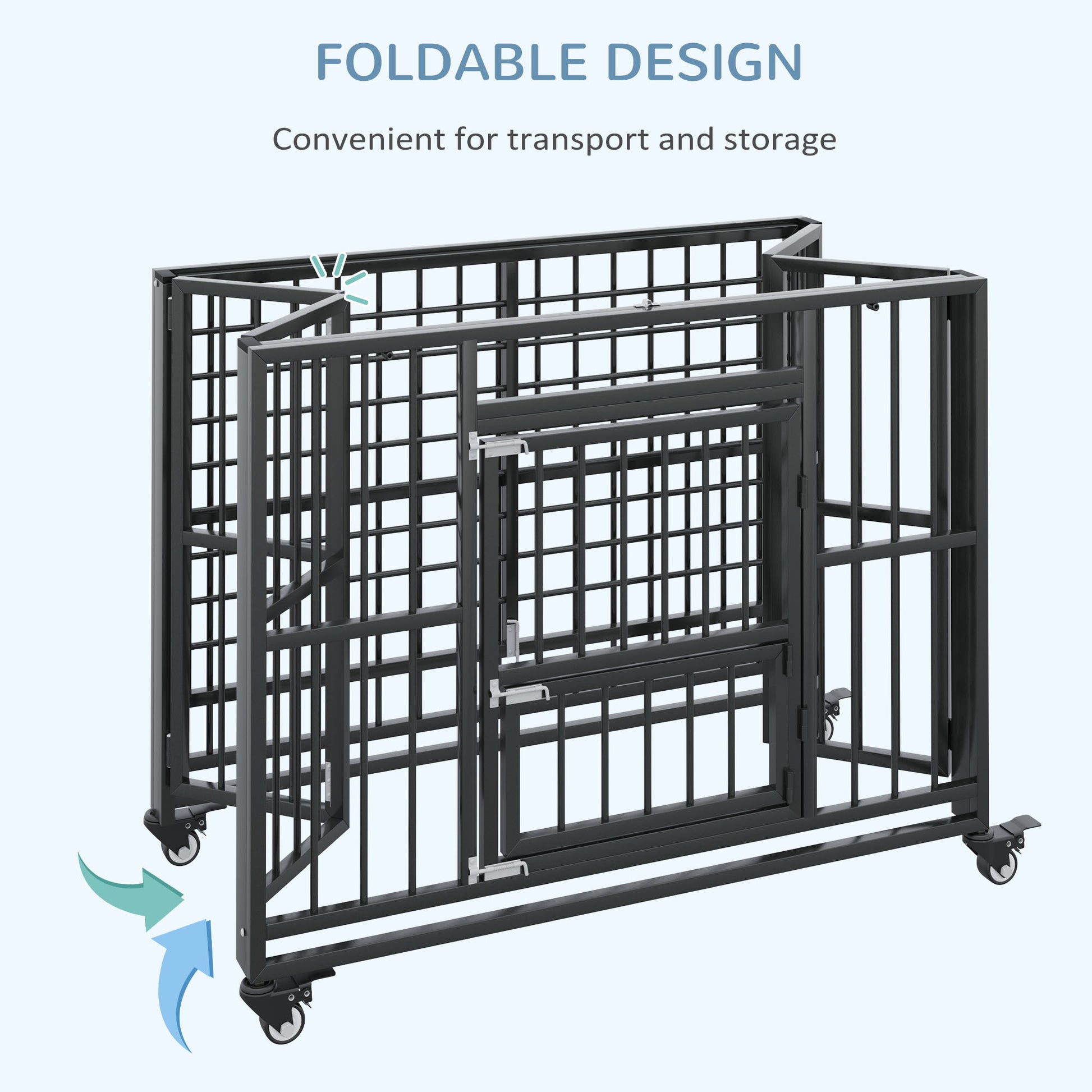 Pawhut 43" Heavy Duty Dog Crate, Strong Steel Foldable Large Dog Crate With 4 Lockable Wheels, Double Doors, Openable Top And Removable Trays For Medium And Large Dogs, Black Black Steel