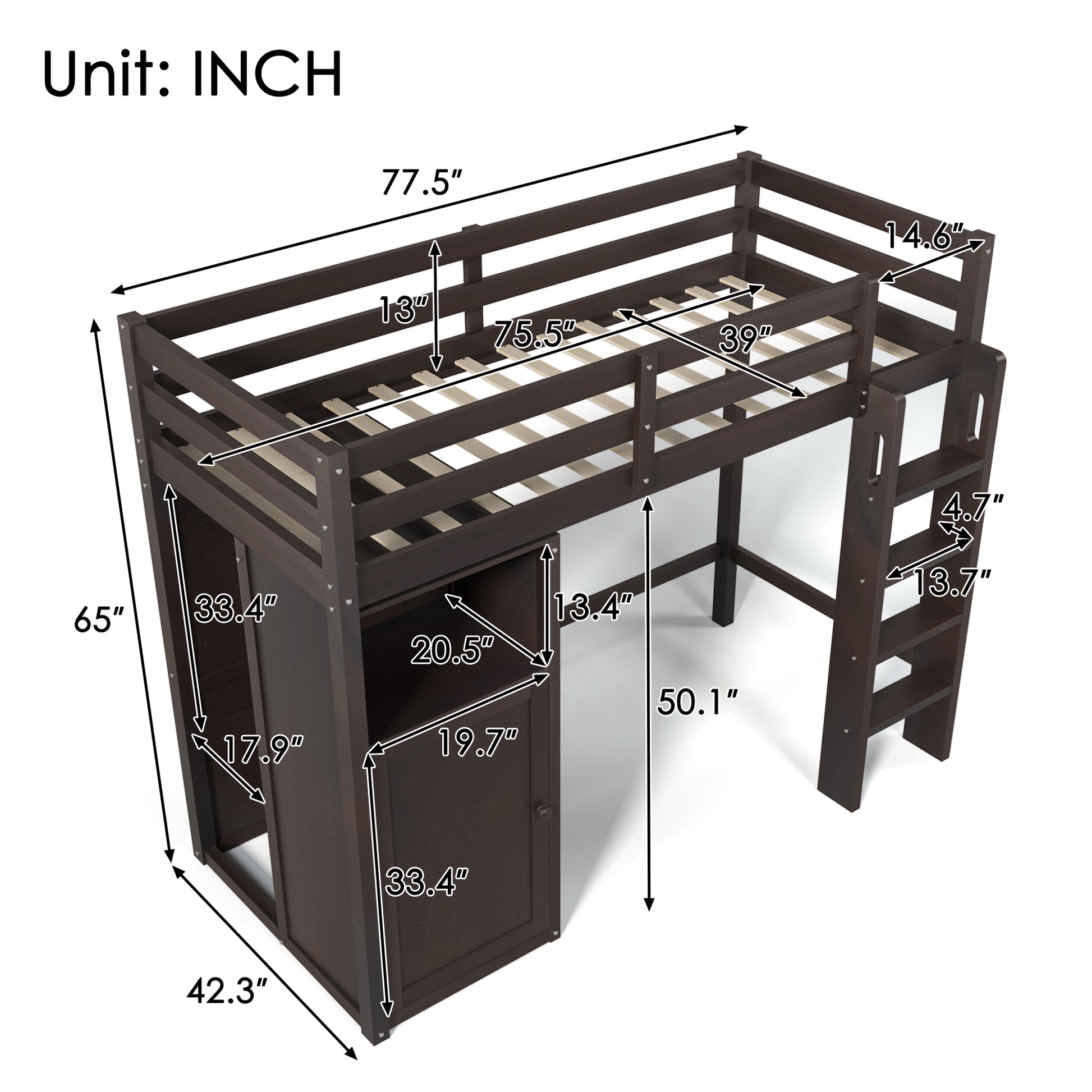 Twin Loft Bed With Wardrobe, Storage Shelves And Ladder, Espresso Twin Espresso Solid Wood Mdf