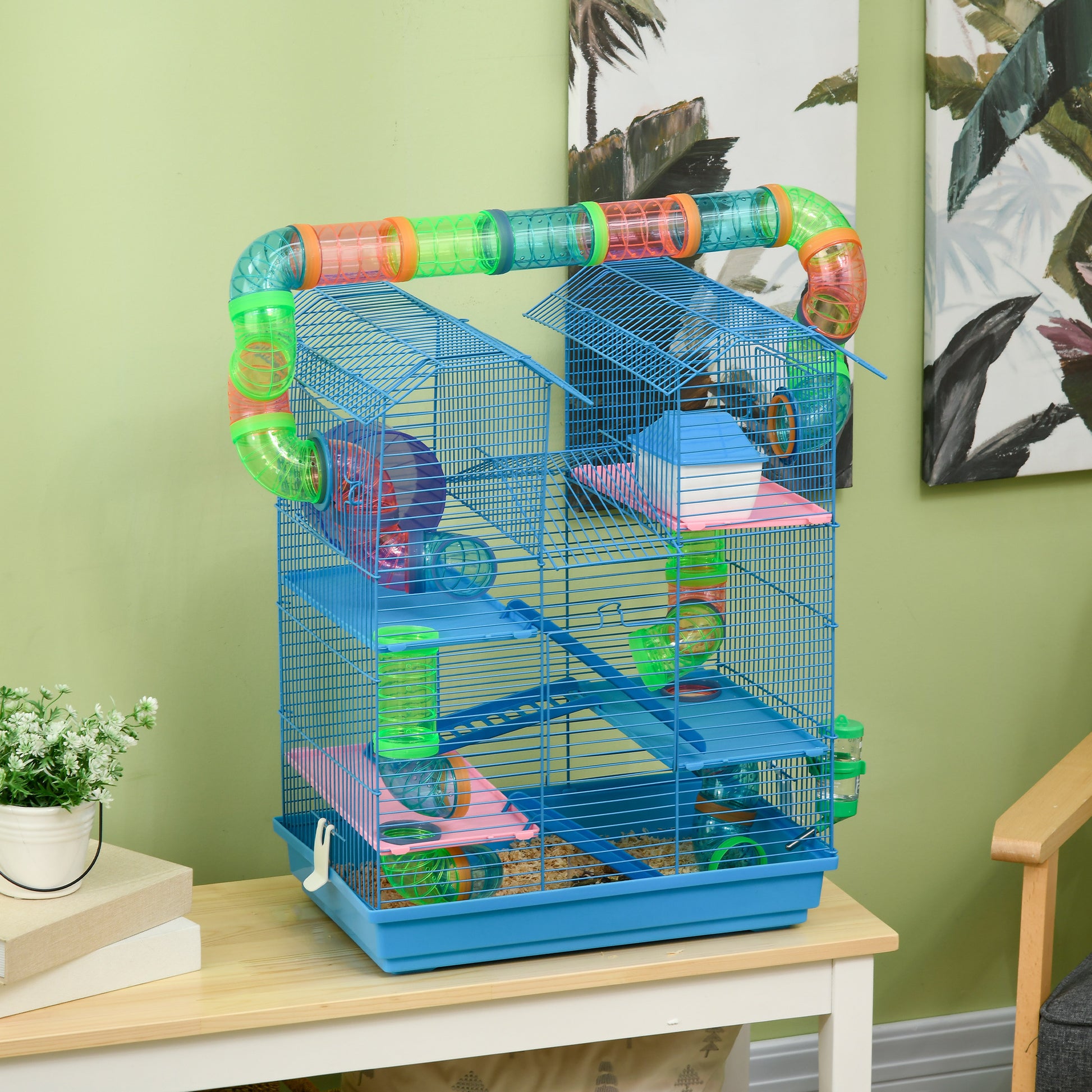 Pawhut 18.5" 5 Tier Hamster Cage With Tubes And Tunnels, Small Animal Cage, Rat Gerbil Cage With Water Bottle, Food Dish, Exercise Wheel, Blue Blue Metal