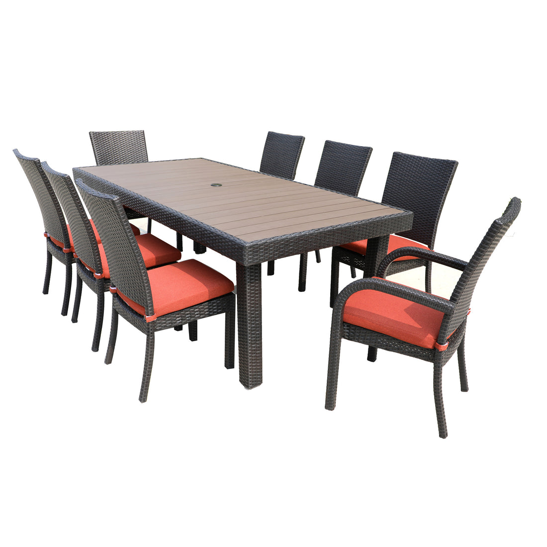 Balcones 9 Piece Outdoor Dining Table Set With 8 Dining Chairs, Brown Terracotta Brown Aluminium Wicker