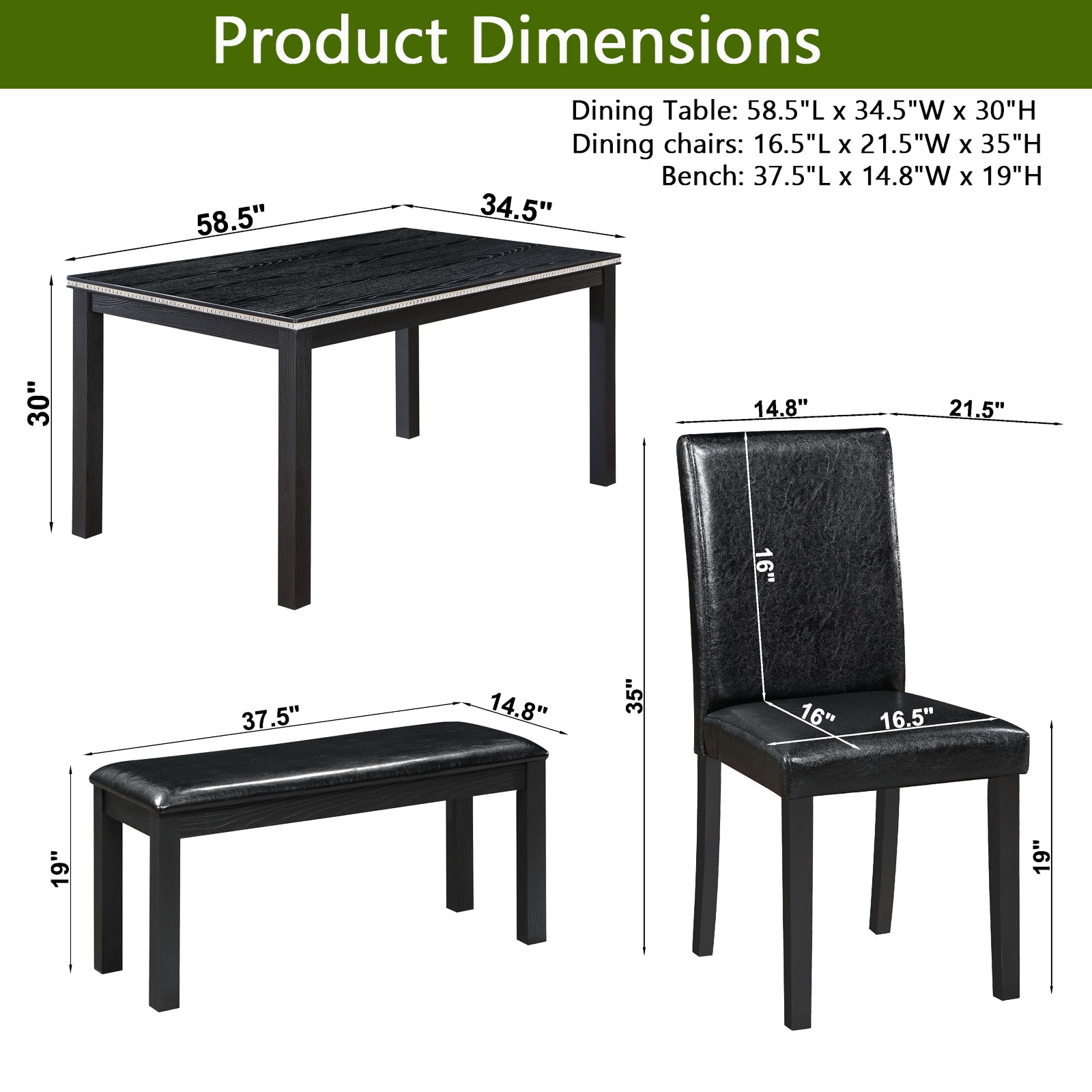 Wooden Dining Rectangular Table With Bench, Kitchen Table With Bench For Small Space, 6 Person Dining Table, Black Black Seats 6 Dining Room Rectangular 4 Leg Rectangular Dining Table With Chair And Bench Solid Wood Mdf