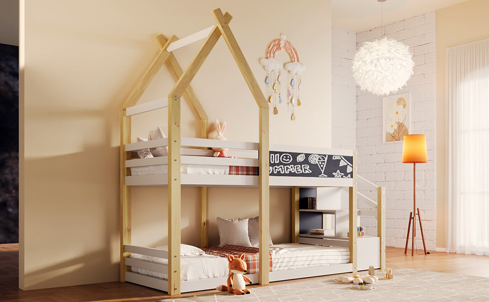 Twin Over Twin House Bunk Bed With White Storage Staircase And Blackboard, White And Natural Box Spring Not Required Twin White Bed Frame Pine