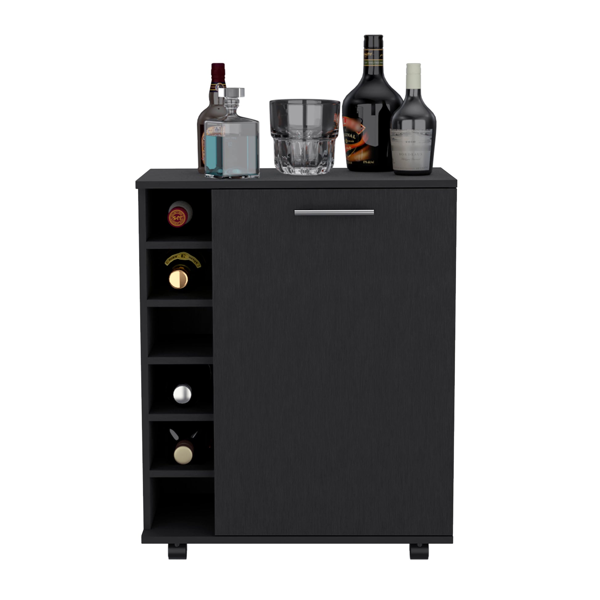 32" H Black Bar Coffee Cart, Kitchen Or Living Room Cabinet Storage With 4 Wheels, With 6 Bottle Racks, A Central Shelf Covered By 1 Door, Ideal For Storing Glasses And Snacks Black Particle Board