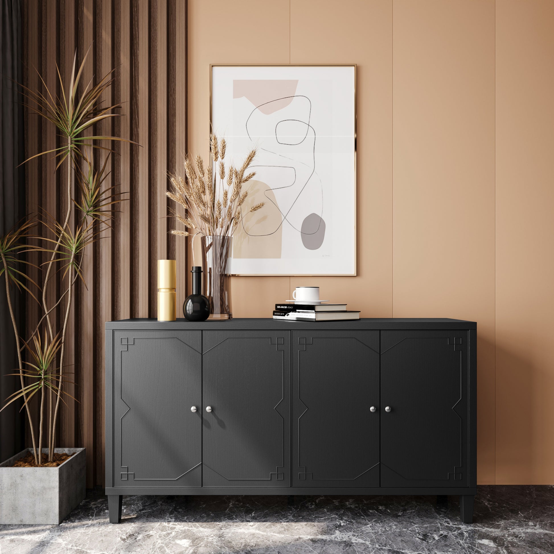 Accent Cabinet 4 Door Wooden Cabinet Sideboard Buffet Server Cabinet Storage Cabinet, For Living Room, Entryway, Hallway, Office, Kitchen And Dining Room, Matte Black Matte Matte Black Solid Wood Mdf