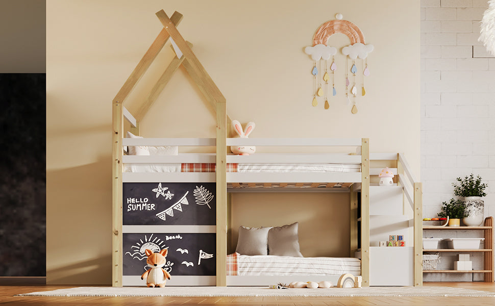 Twin Over Twin House Bunk Bed With White Storage Staircase And 2 Blackboards, White And Natural Box Spring Not Required Twin White Bed Frame Pine