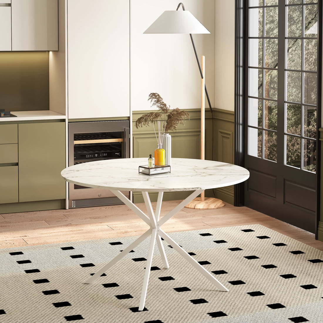 47.24'' Modern Cross Leg Round Dining Table, White Marble Top Occasional Table, Two Piece Removable Top, Matte Finish Iron Legs White Mdf Metal