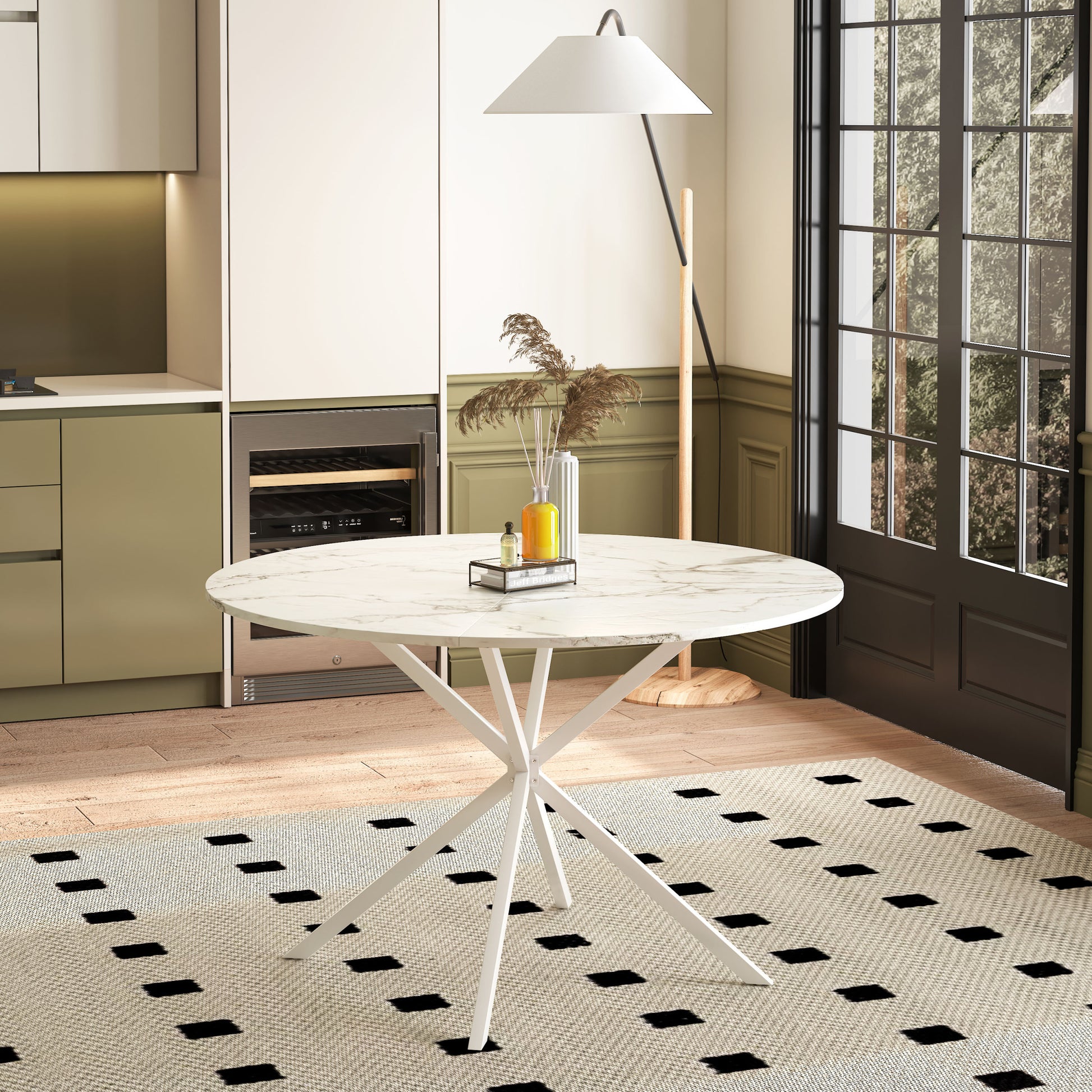47.24'' Modern Cross Leg Round Dining Table, White Marble Top Occasional Table, Two Piece Removable Top, Matte Finish Iron Legs White Mdf Metal