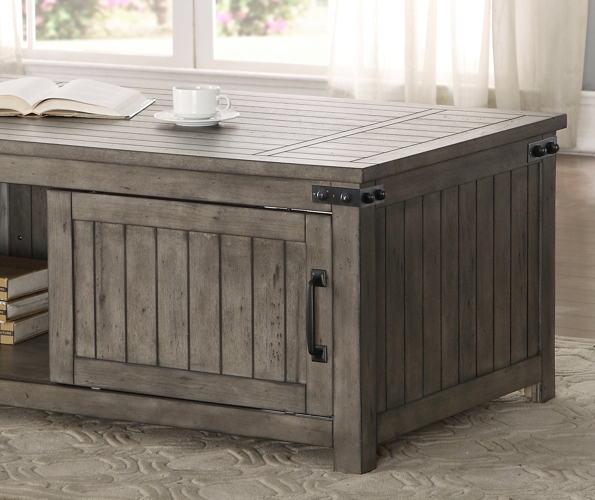Storehouse 48 Inch Coffee Table, No Assembly Required, Smoked Grey Finish Greige Gray Primary Living Space Farmhouse,Industrial,Rustic Freestanding Rectangular Open Storage Coffee & End Tables Rectangular Wood