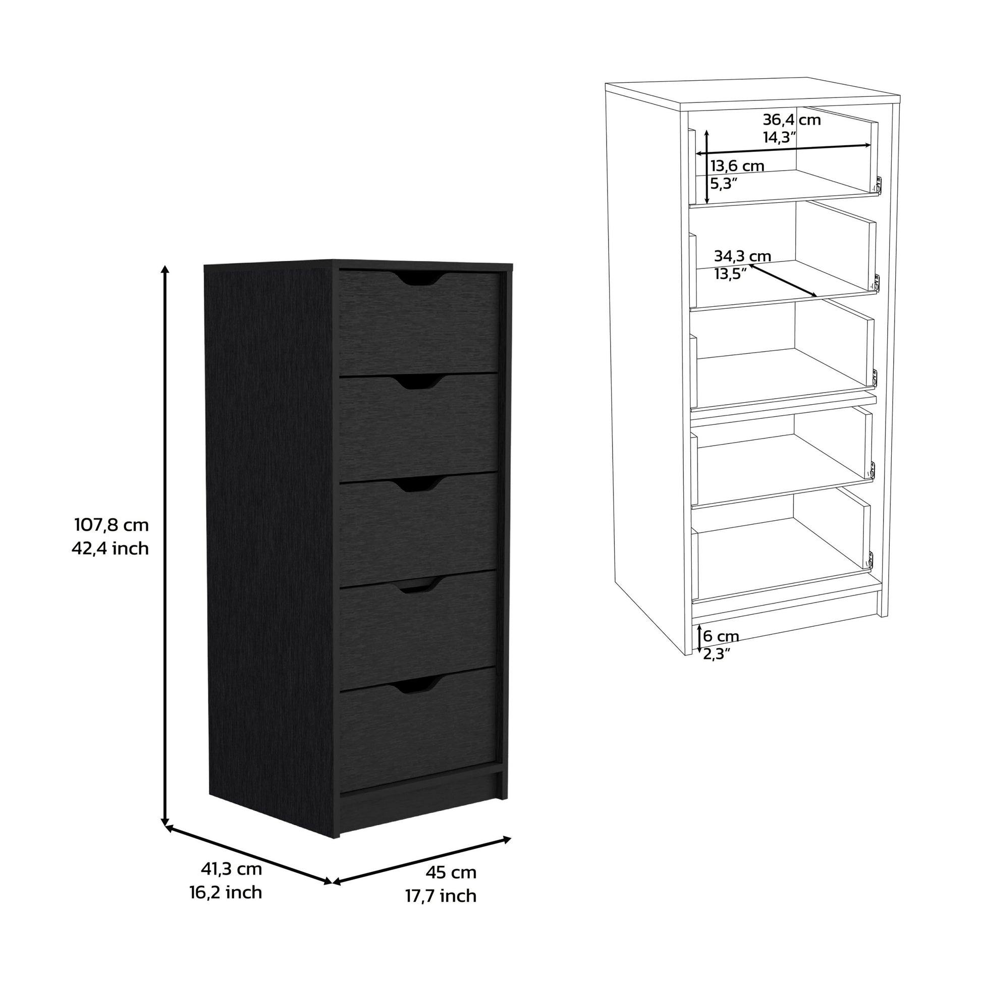 Dresser 42"H, 5 Drawersslim Storage Chest Of Drawers, Black Black Particle Board Particle Board