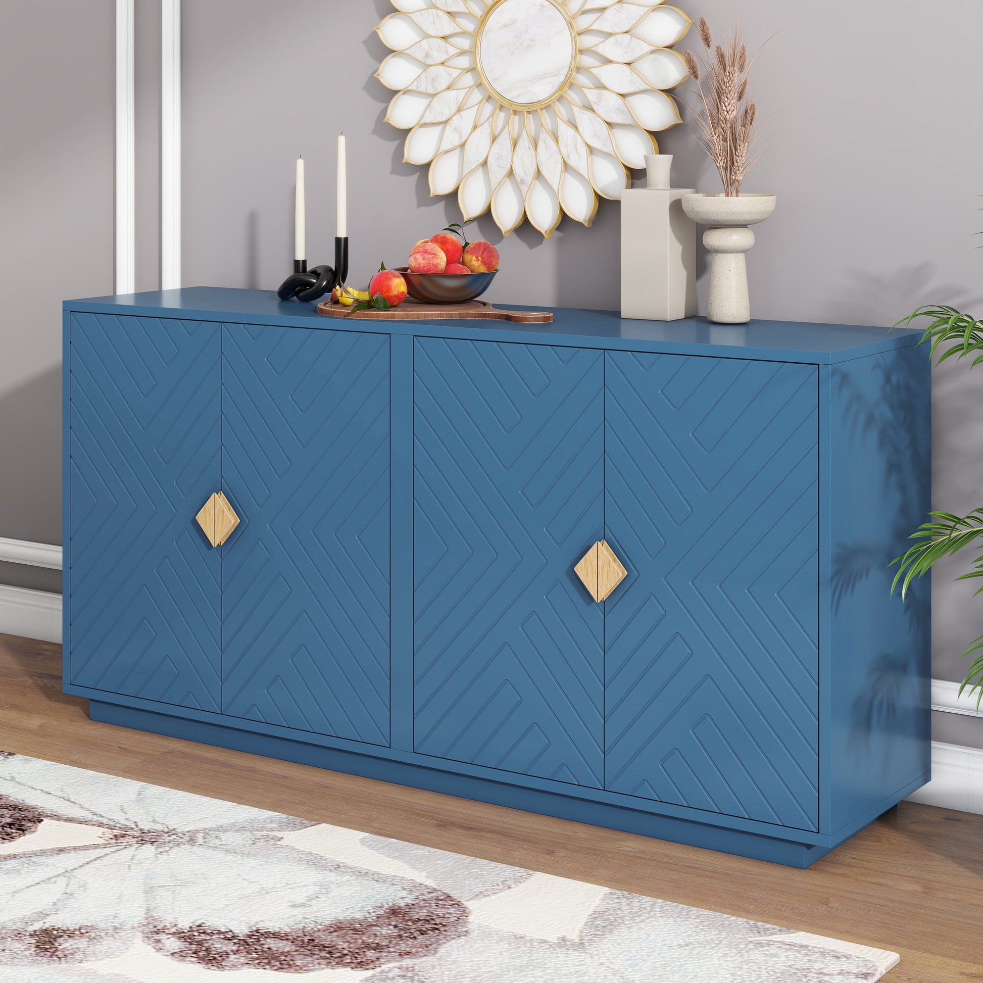 Modern Functional Large Storage Space Sideboard With Wooden Triangular Handles And Adjustable Shelves For Living Room And Dining Room Navy Blue Navy Blue Mdf