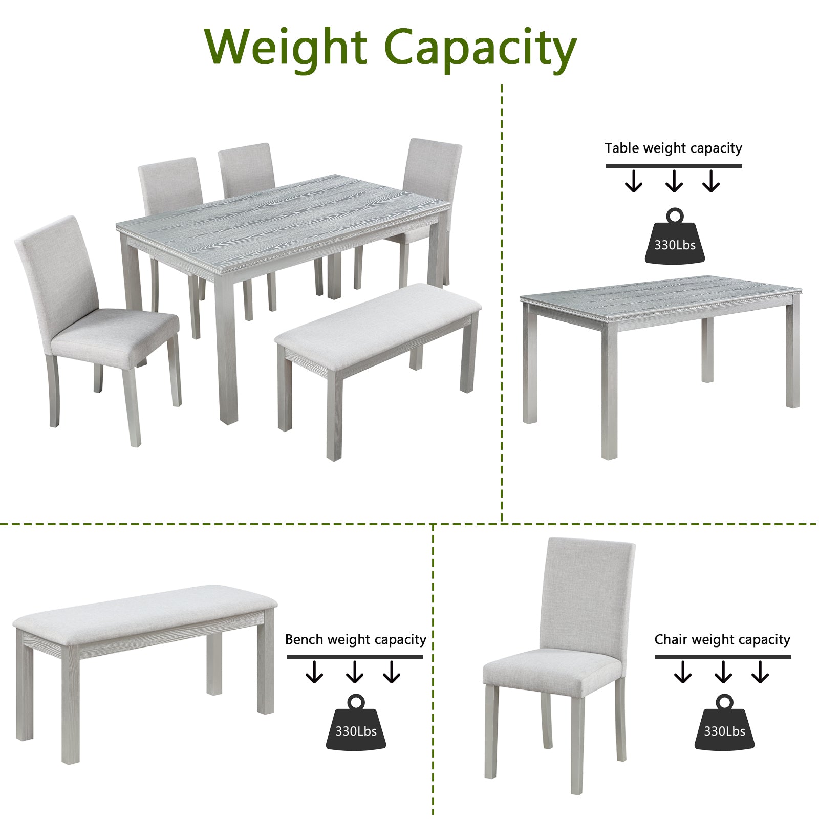 Wooden Dining Rectangular Table With Bench, Kitchen Table With Bench For Small Space, 6 Person Dining Table, Silver Grey Beige Silver Gray Seats 6 Dining Room Rectangular 4 Leg Rectangular Dining Table With Chair And Bench Solid Wood Mdf