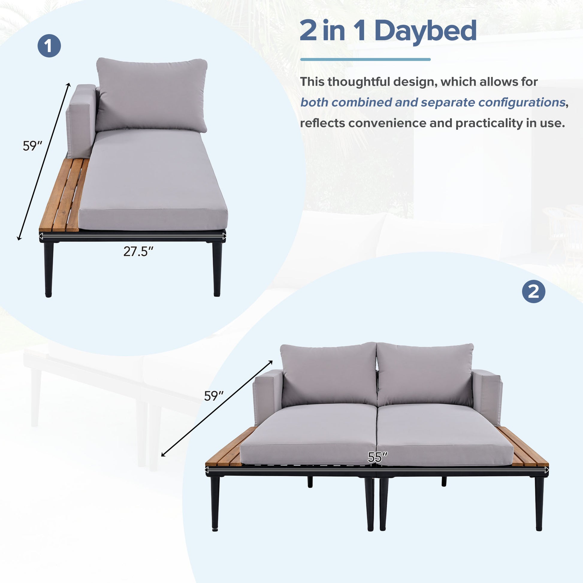 Modern Outdoor Daybed Patio Metal Daybed With Wood Topped Side Spaces For Drinks, 2 In 1 Padded Chaise Lounges For Poolside, Balcony, Deck, Gray Yes Lounge Gray Weather Resistant Frame Fade