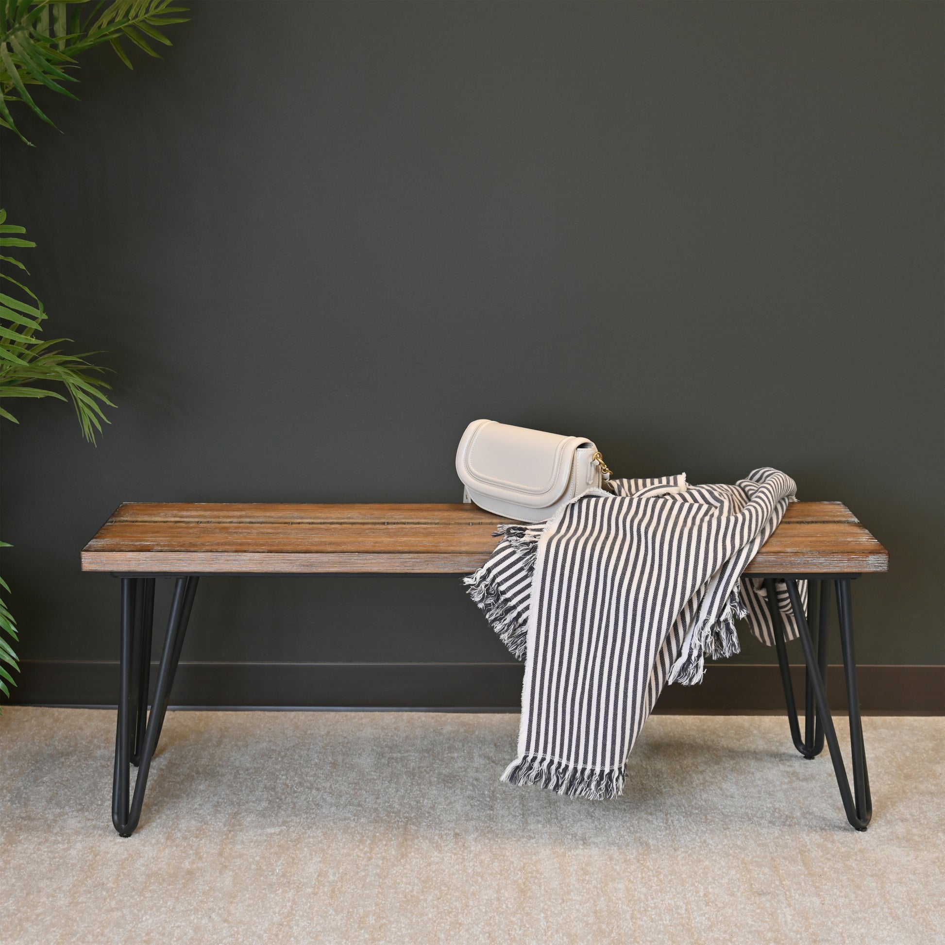 Aryven Industrial Wood Dining Bench, Rustic Dark Pine Finish Brown Mdf Metal